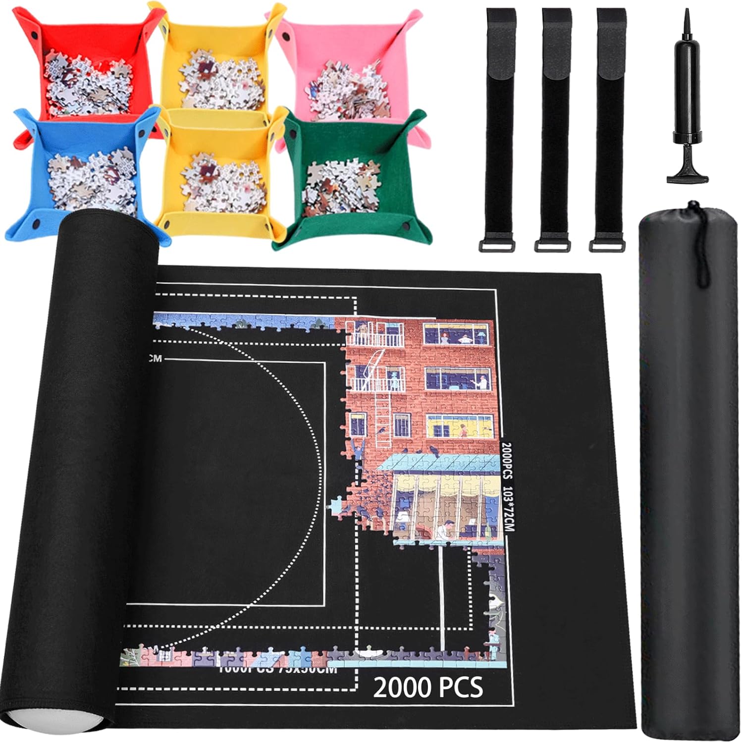 Lwoeo Jigsaw Puzzle Mat Roll Up Kit front view showing black felt storage surface with alignment lines