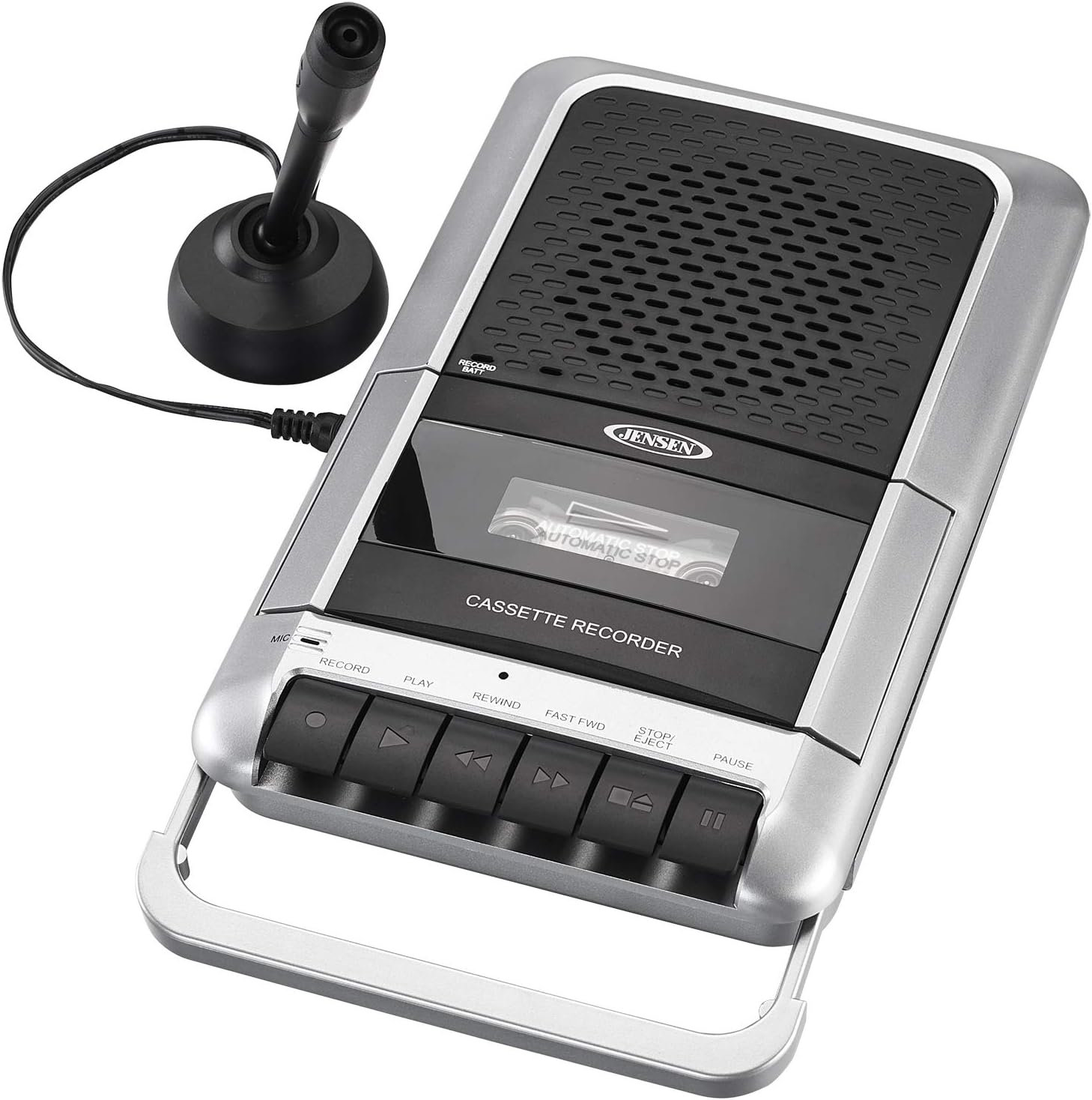 Jensen MCR-100 portable shoebox cassette player and recorder front view showing the control buttons and silver casing.