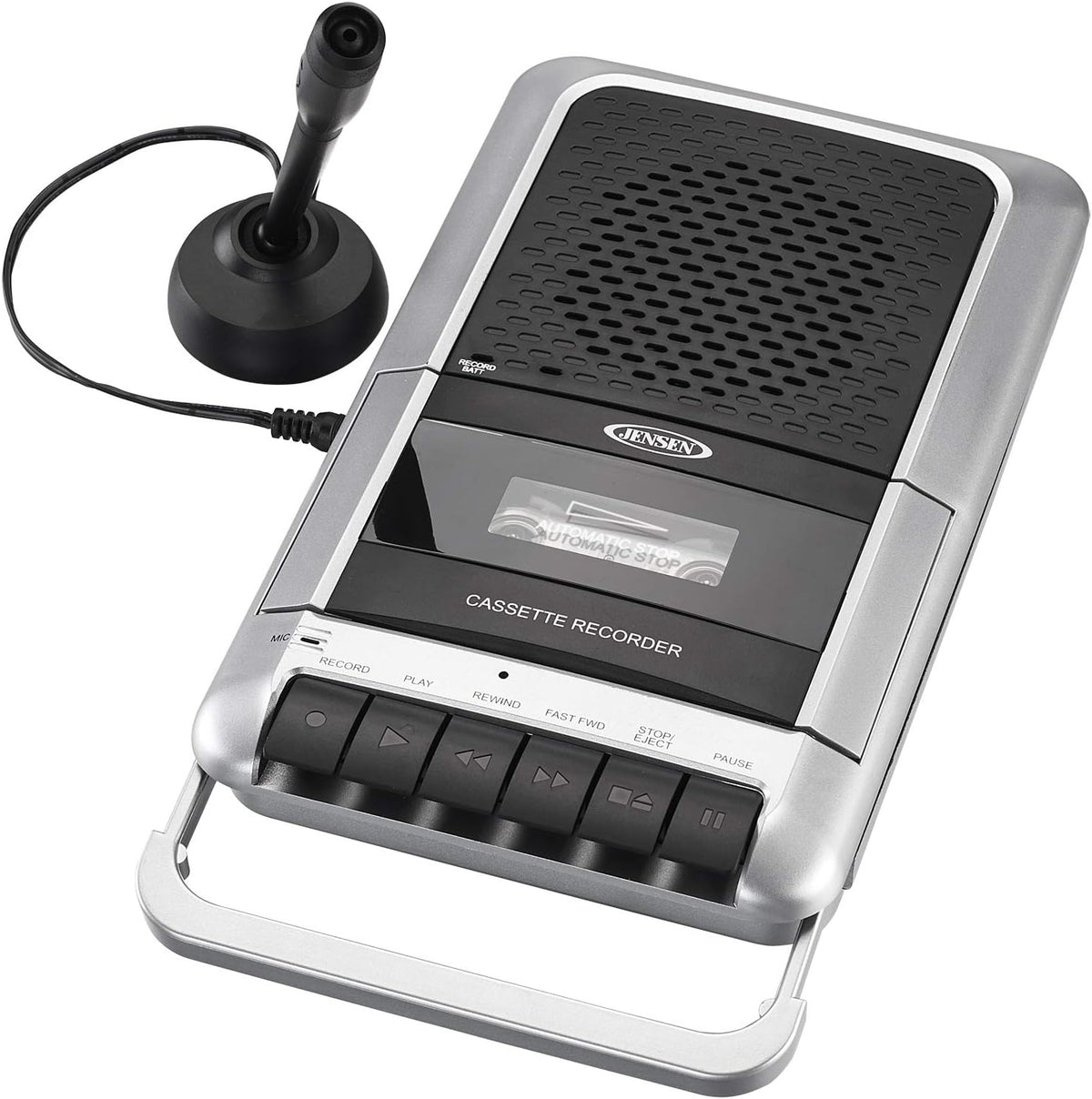 Jensen MCR-100 portable shoebox cassette player and recorder front view showing the control buttons and silver casing.