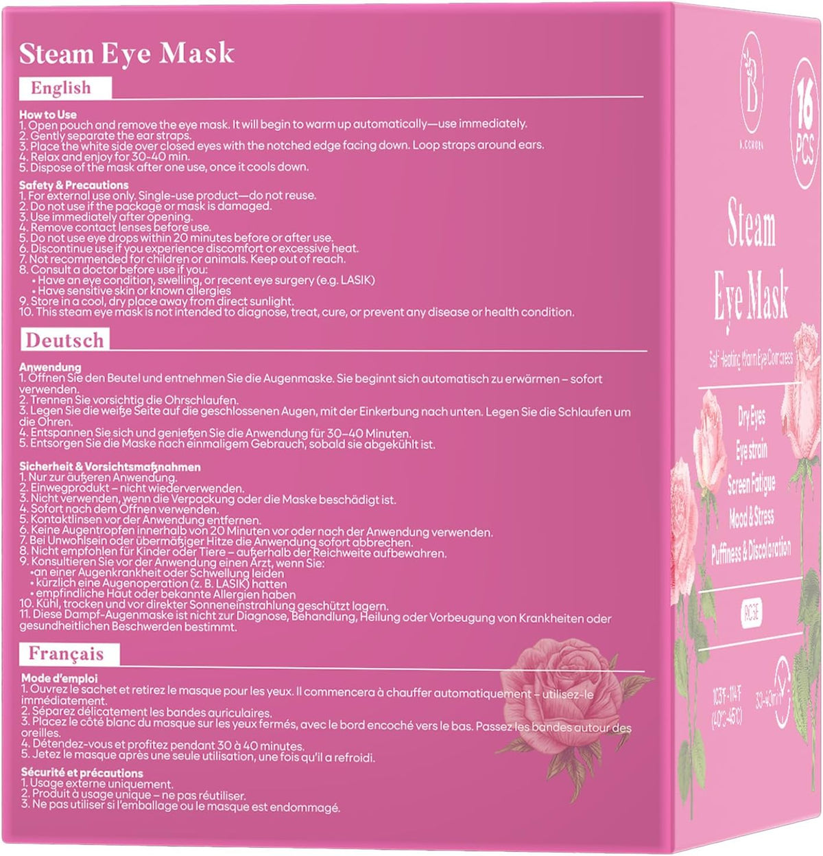 16 Pack Rose Steam Eye Mask for Dryness, Puffiness, Strain & Relaxation, Heated Eye Mask for Sleep & Travel, Self-Heating & Disposable Warm Compress, Travel Essentials, Relaxation Gifts for Women - Image 9