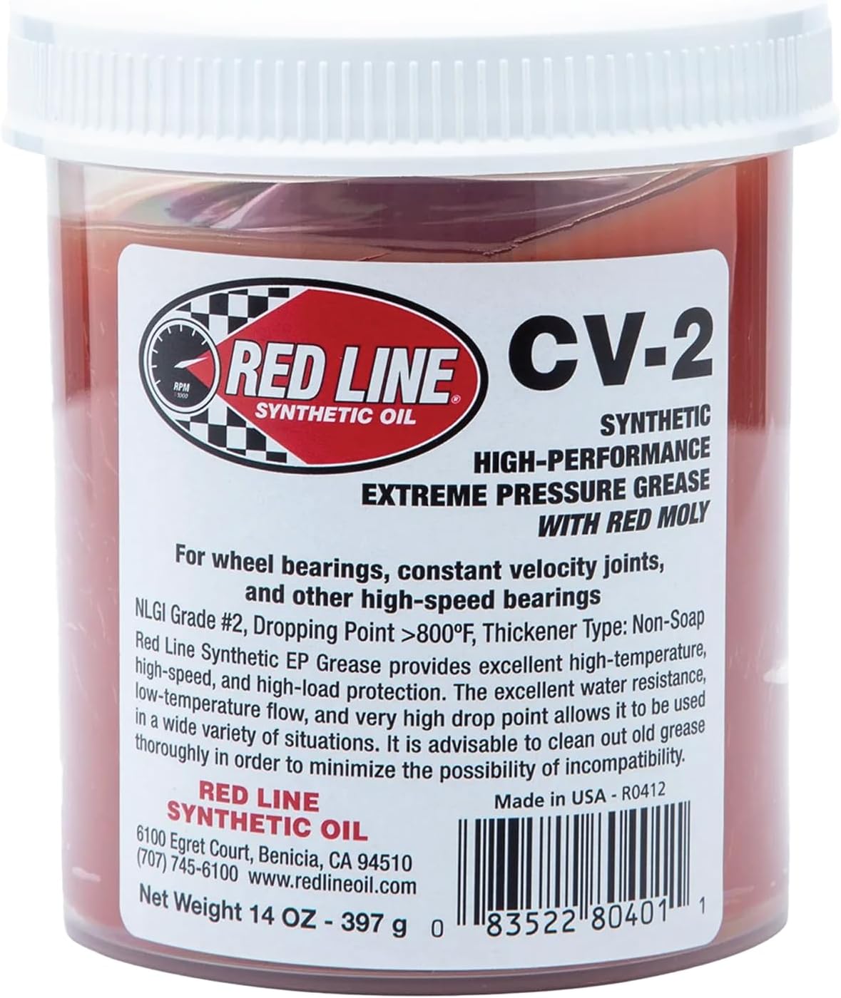 Red Line CV-2 High Performance Synthetic Grease 14 Ounce jar front view