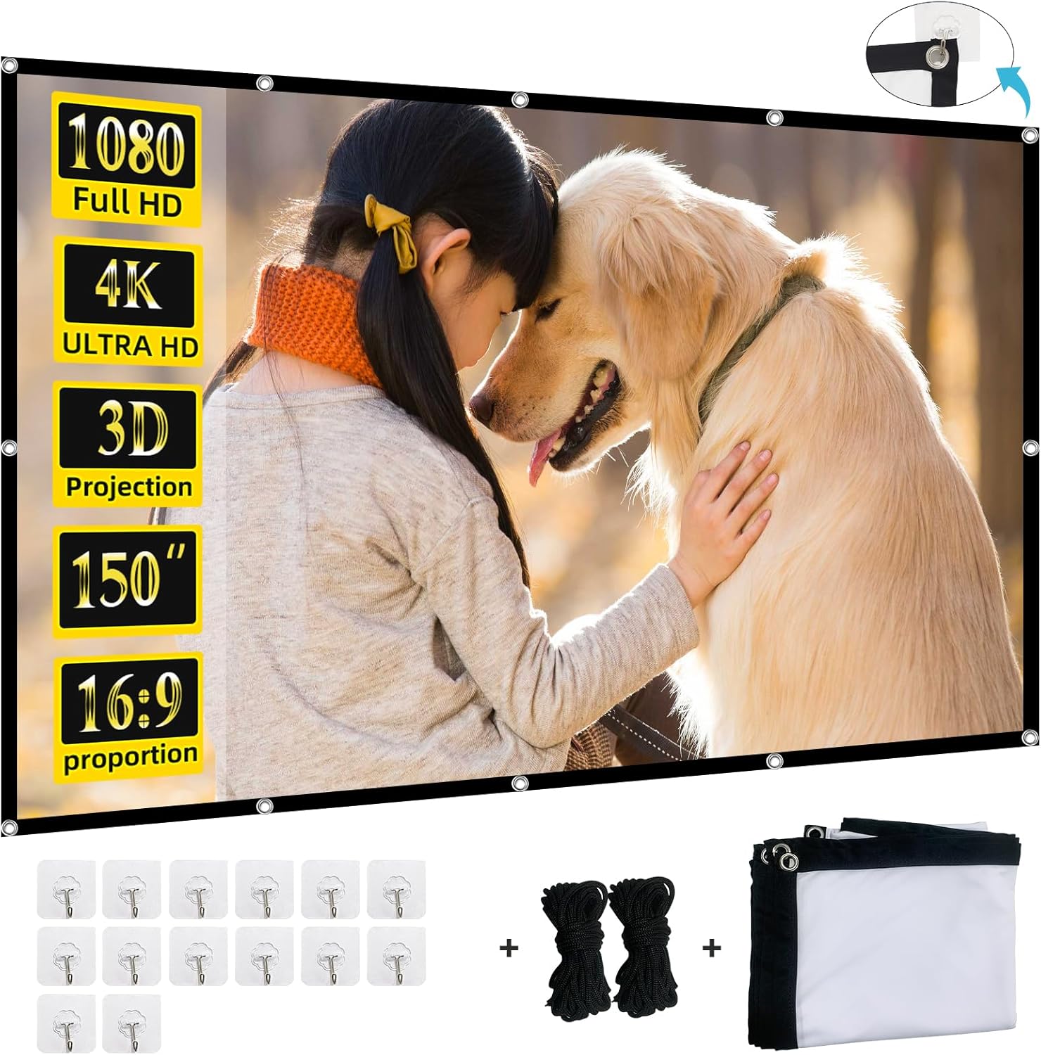 XINLEMY 150 inch projector screen front view displaying a clear 4K high definition cinematic movie projection layout