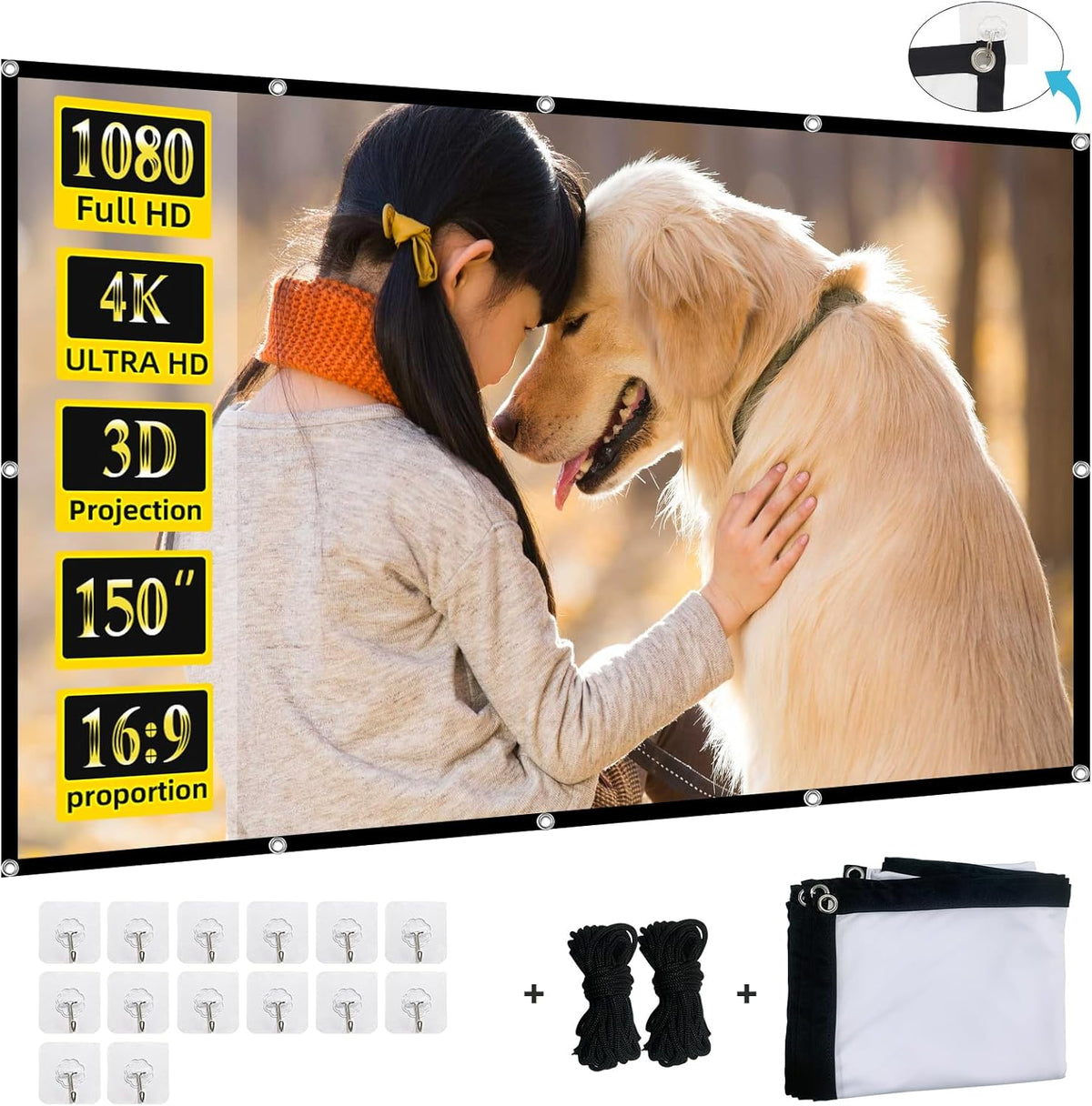 XINLEMY 150 inch projector screen front view displaying a clear 4K high definition cinematic movie projection layout