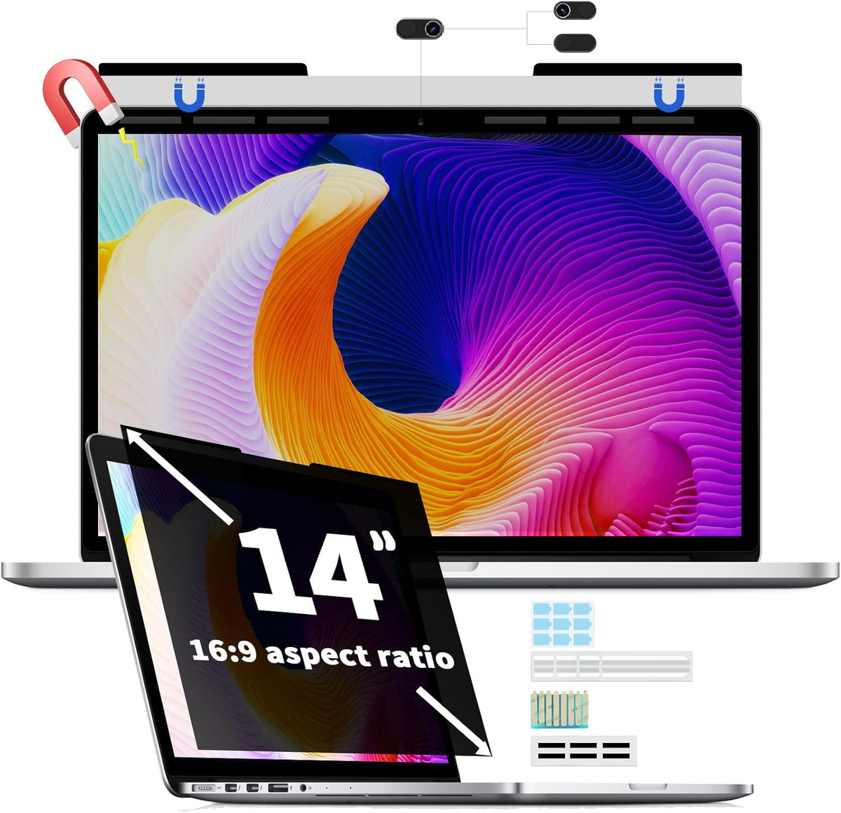 Halloive Magnetic Laptop Privacy Screen front view attached to a fourteen inch notebook display showcasing dark side angles.