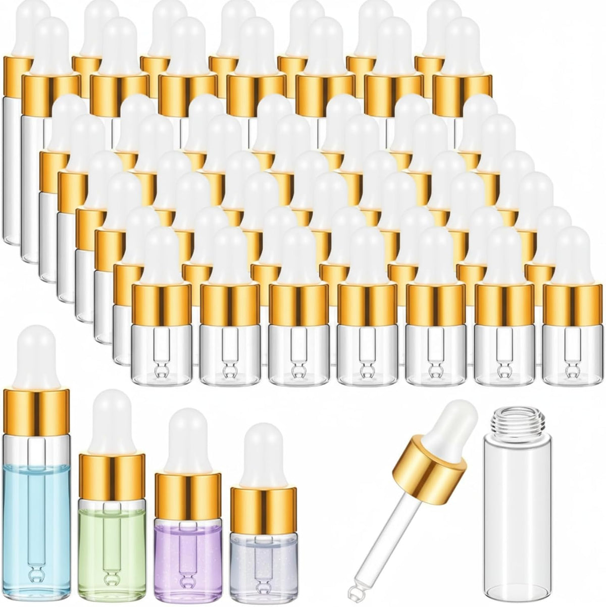 Didaey 200 Pcs 1/2/3/5/10/15 ml Mini Glass Oil Dropper Bottle Bulk, Clear Essential Small Empty Bottles Sample Containers Perfume Liquid Vials with Cap for Traveling (2 ml,Champagne Gold) - Image 11