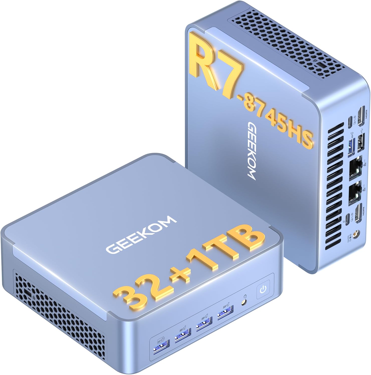 GEEKOM AX8 Max Mini PC front view showing compact premium aluminum design