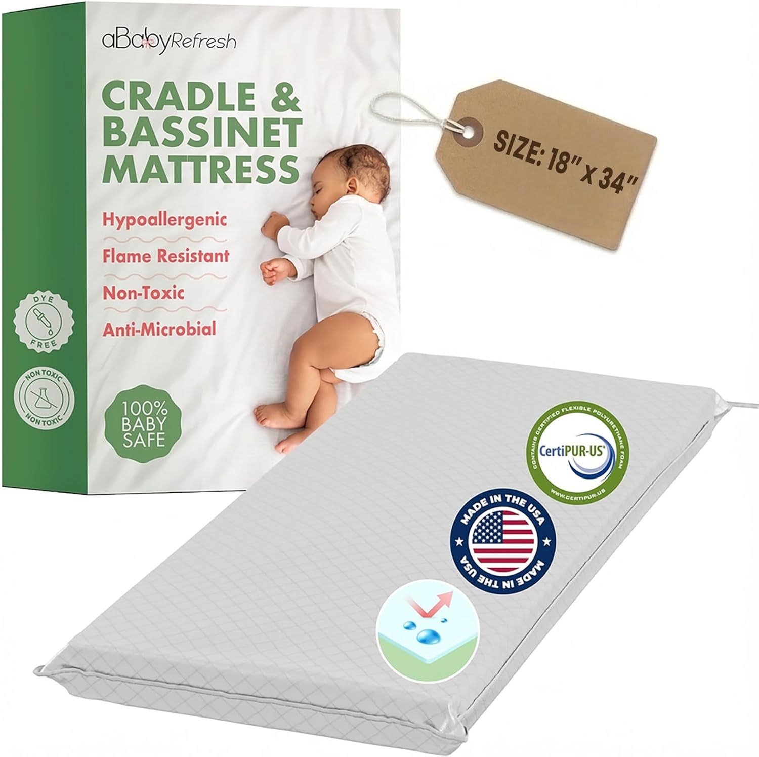 ABaby Refresh cradle baby mattress front view showing the white quilted waterproof vinyl cover