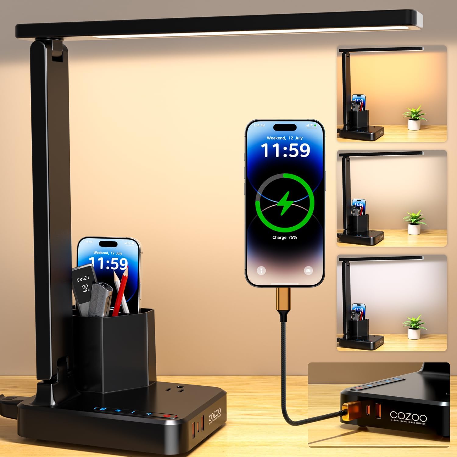 Cozoo LED desk lamp front view showing sleek black base with built-in USB ports and pen holders