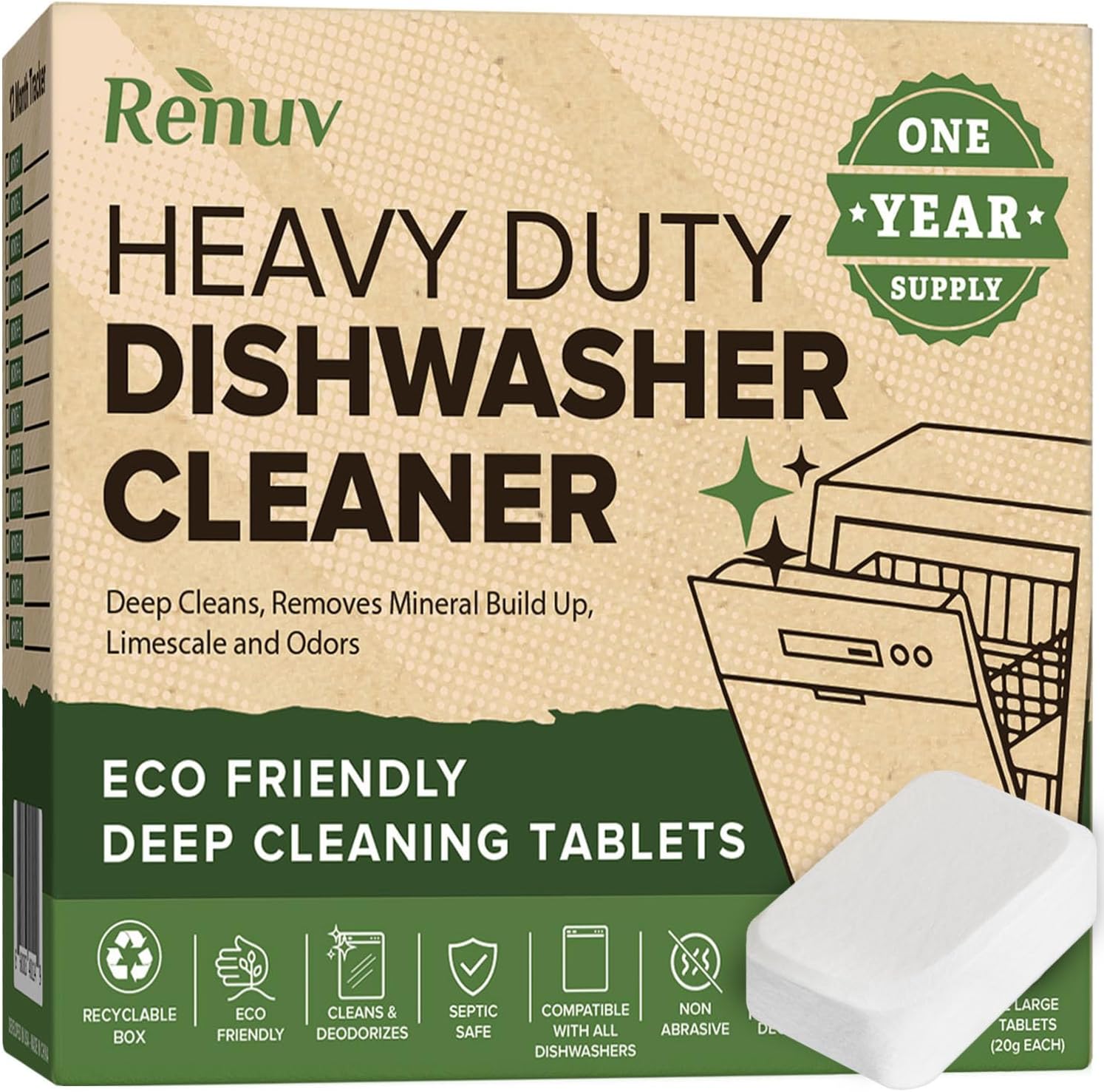 Renuv heavy duty dishwasher cleaner packaging front view authentic USA import.
