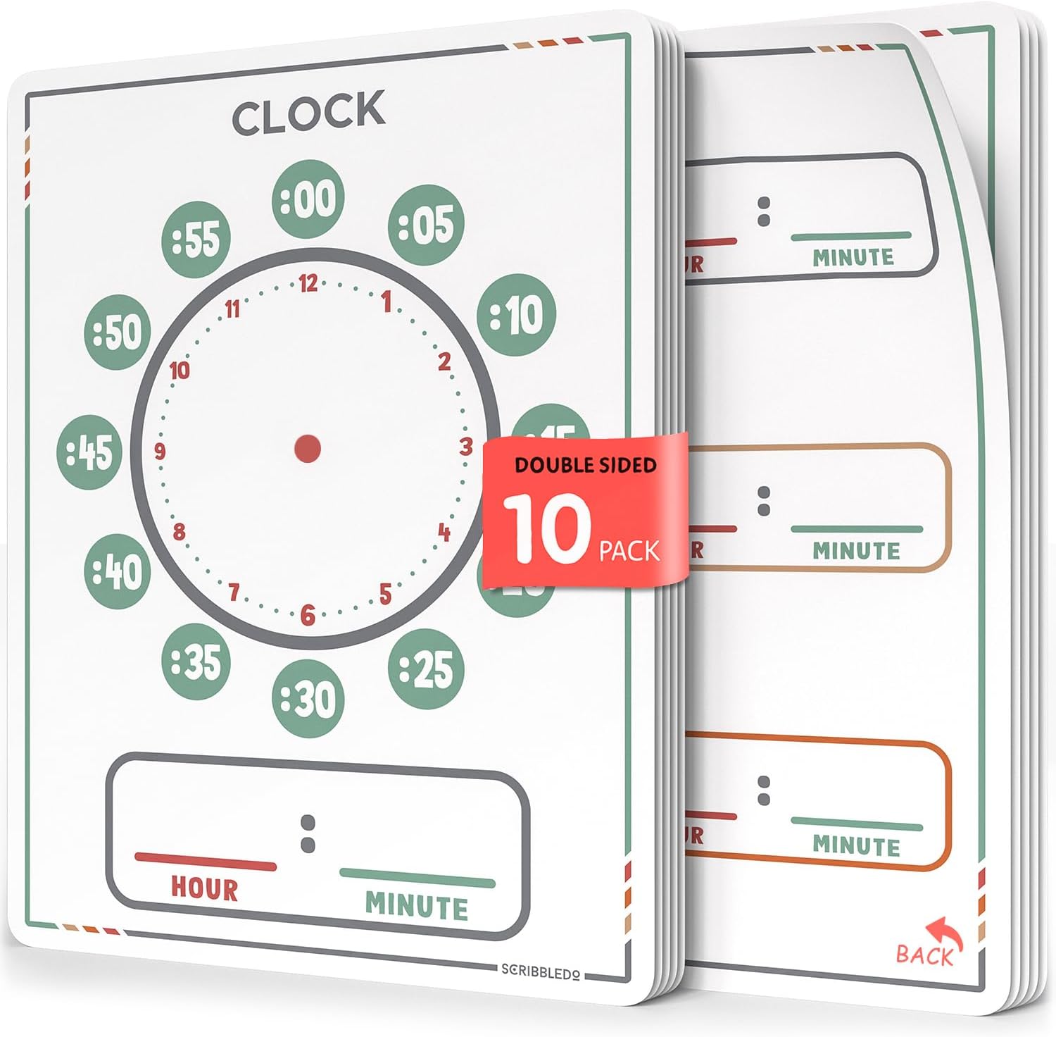 Scribbledo telling time teaching sheets front view showing analog clock face and digital reading blocks for children
