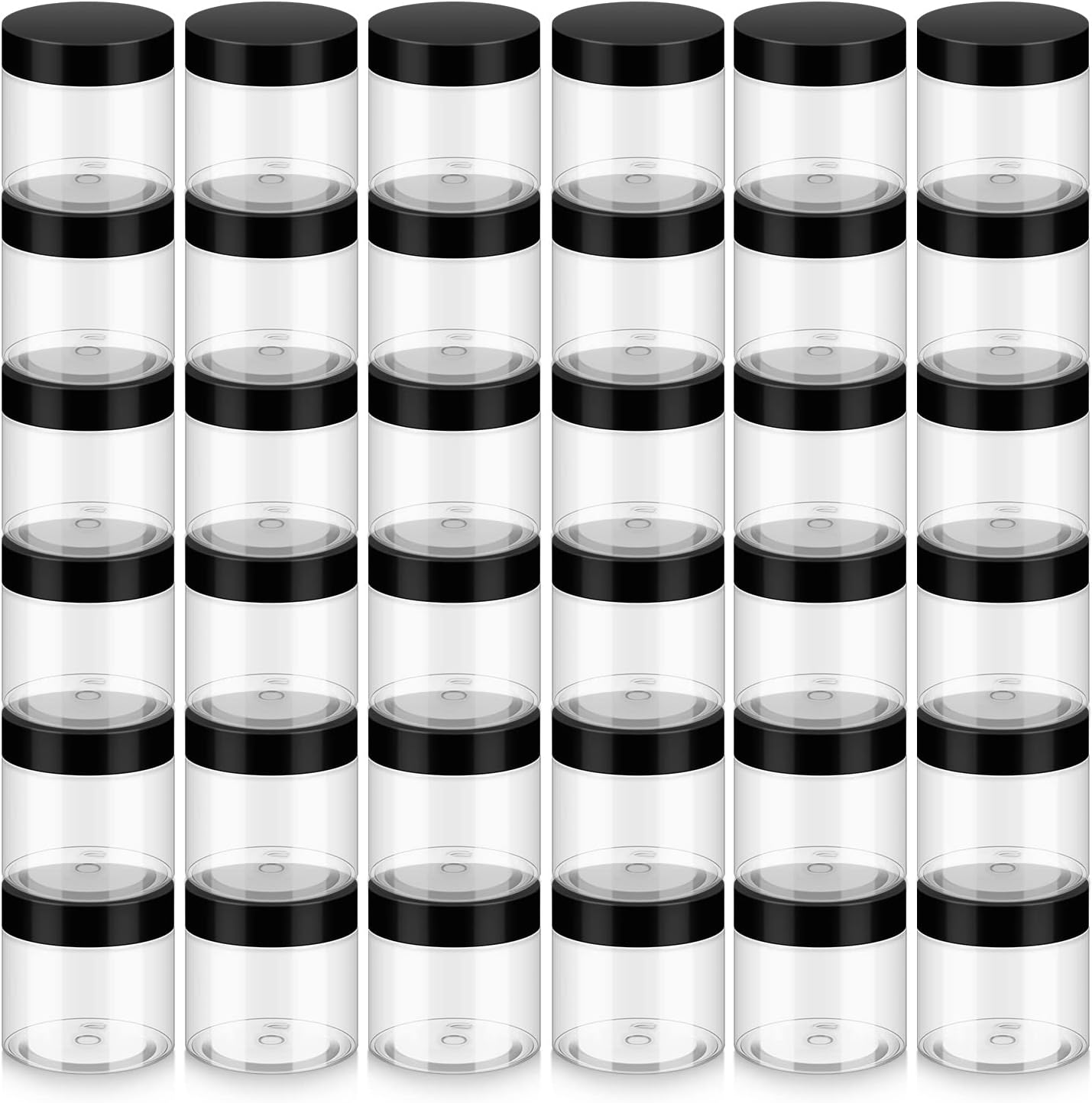 Loretoy transparent cosmetic jars front view showcasing thirty six pack bulk set with black screw lids.