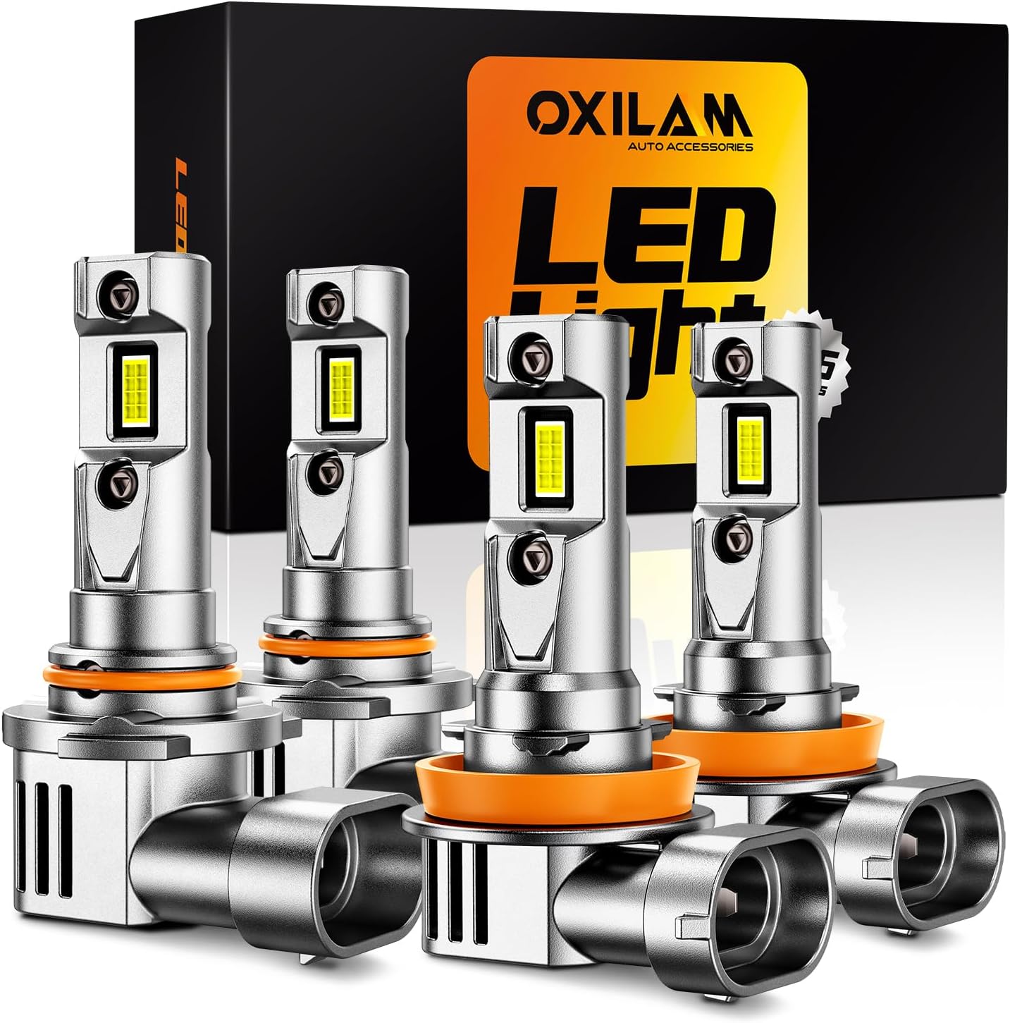 OXILAM H11 9005 LED headlight bulbs combo pack of four front view showing premium packaging and premium aviation aluminum build