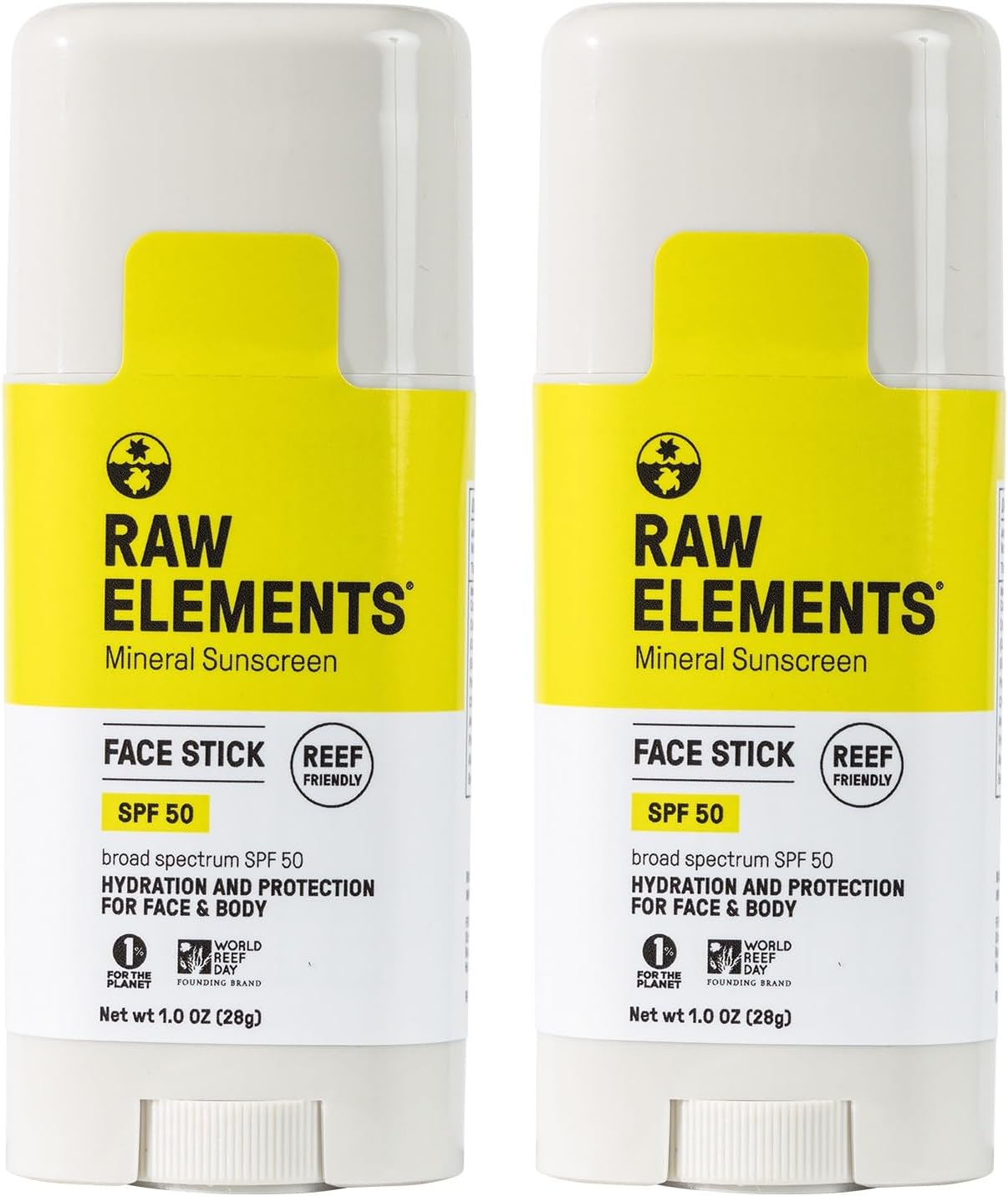 Raw Elements face stick front view showing packaging and branding