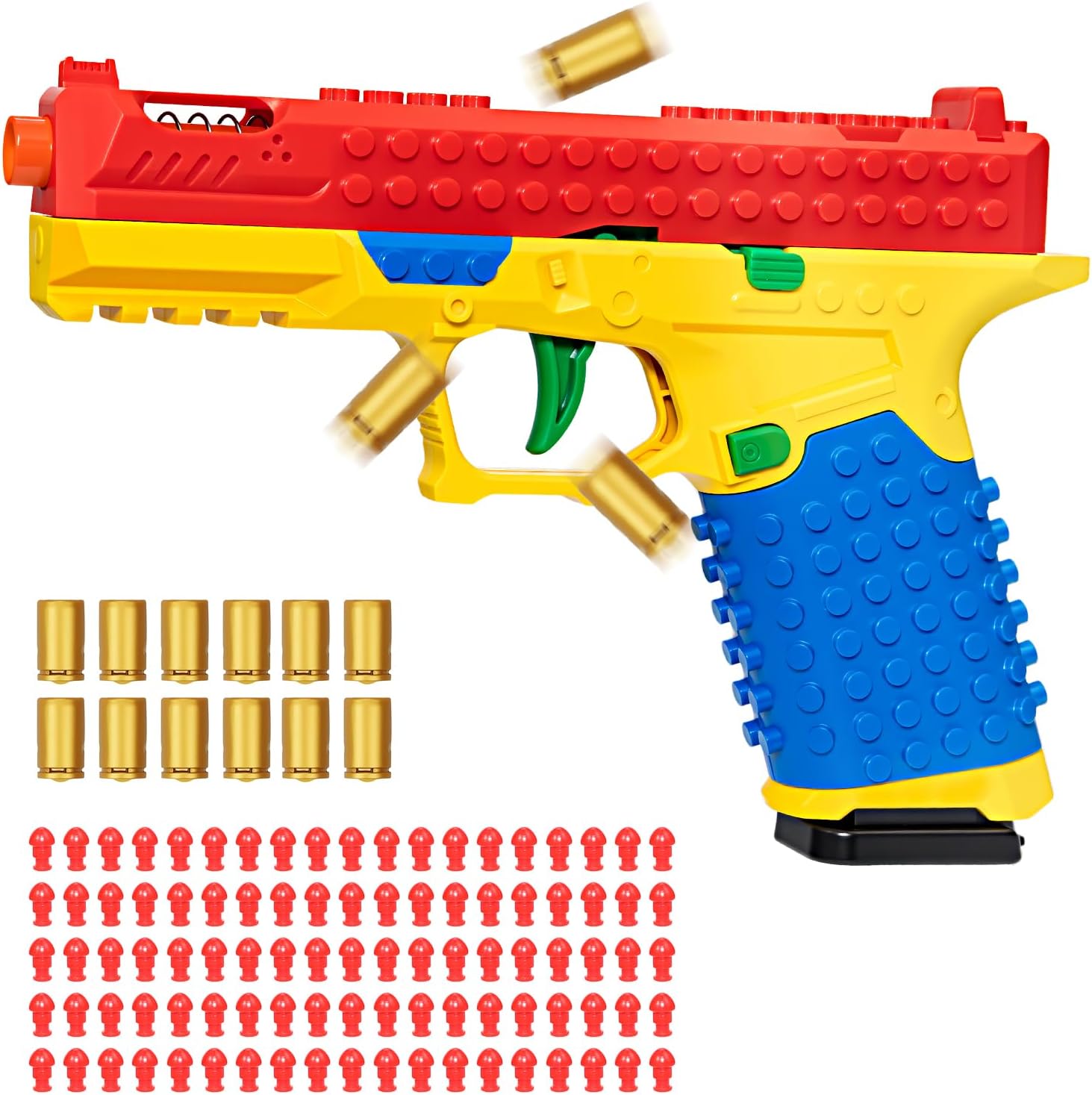 Spcozgil building block toy gun pistol front view showing colorful brick construction.