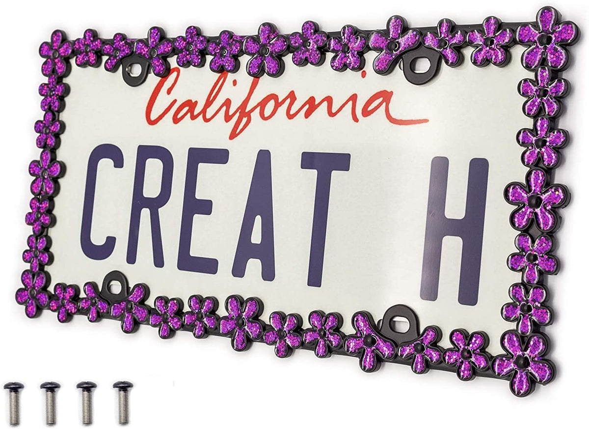 Creathome 3D Shining Daisy Wrenth License Plate Frame from Pure Zinc Alloy Metal Perfect Plate Holder, Matt Black with Green Glitter - Image 13