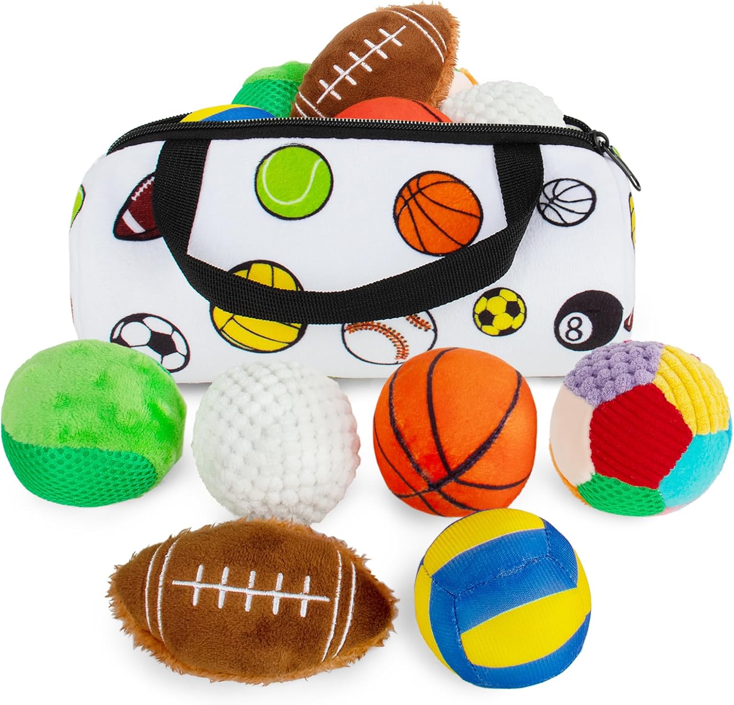 Beetoy sensory sports balls for infant toddlers front view showing six textured plush toy balls
