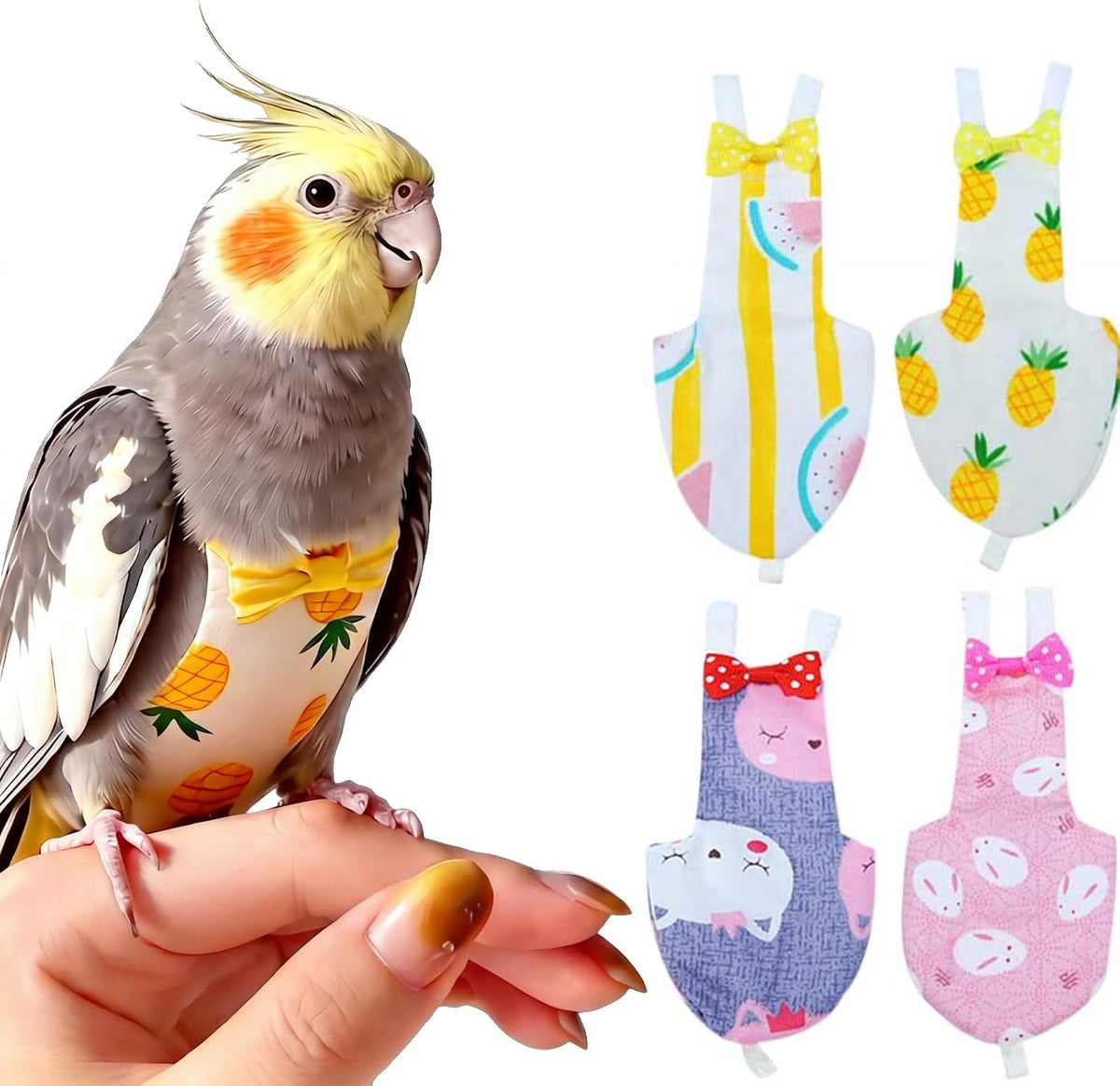 QBLEEV bird diaper flight suite front view showcasing the cute pineapple pattern fabric on a parrot.