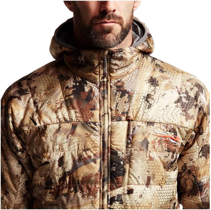 SITKA men's Kelvin aerolite insulated hunting jacket hood and collar closeup