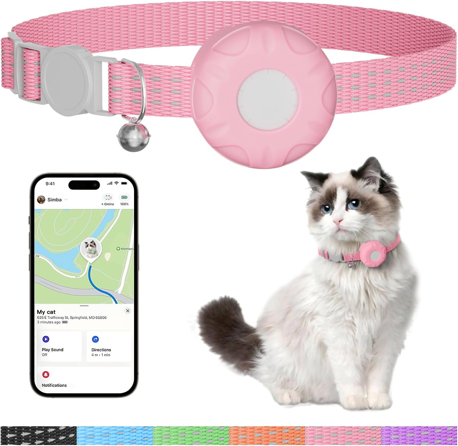 ZFSJTAG Cat Tracker GPS Device with pink collar front view showing the tracking module and safety breakaway buckle.