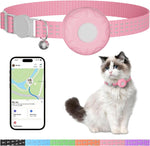 ZFSJTAG Cat Tracker GPS Device with pink collar front view showing the tracking module and safety breakaway buckle.