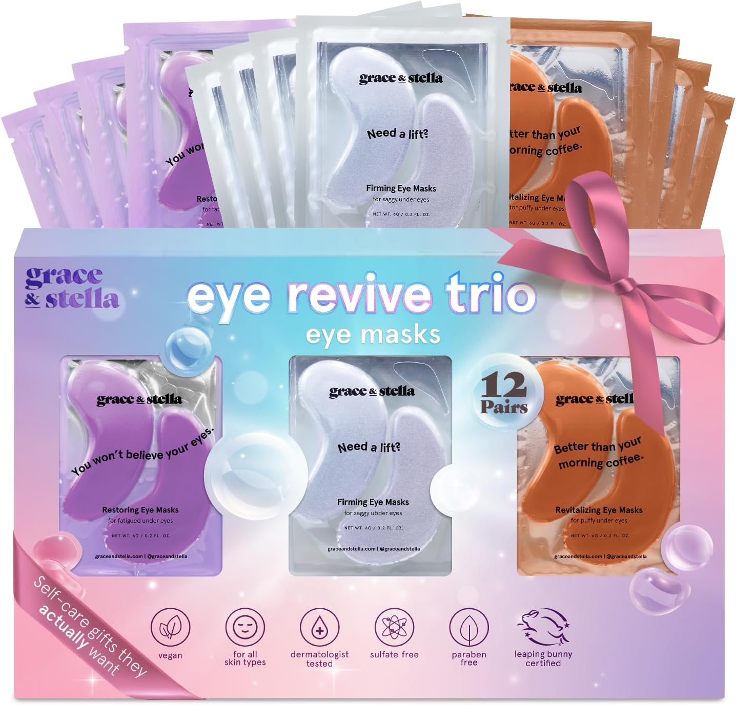 grace & stella Under Eye Patches (12 pairs) Eye Masks for Dark Circles and Puffiness - Gifts for Mom, Self Care Gifts, Bridal Shower Gifts, Eye Patches for Women - Vegan Cruelty-Free Skin Care - Image 1