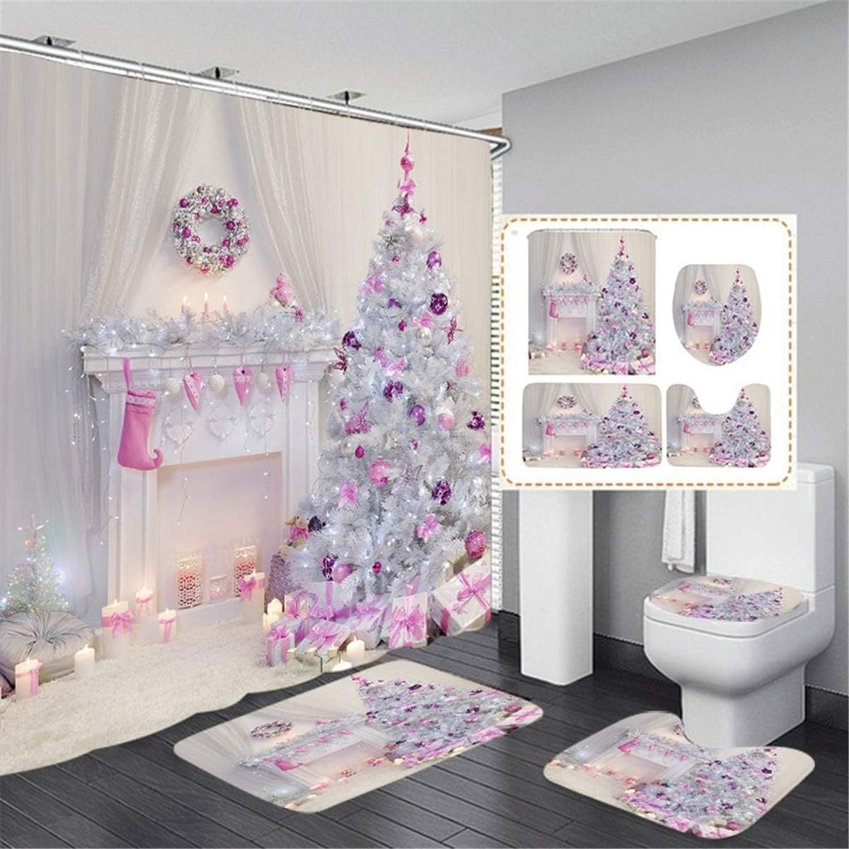 Liberkin Christmas Pink Snow Bathroom Set front view featuring a festive printed shower curtain and matching floor mats.