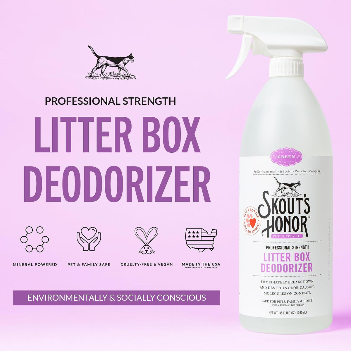 Skout's Honor professional strength cat litter spray bottle showing product details