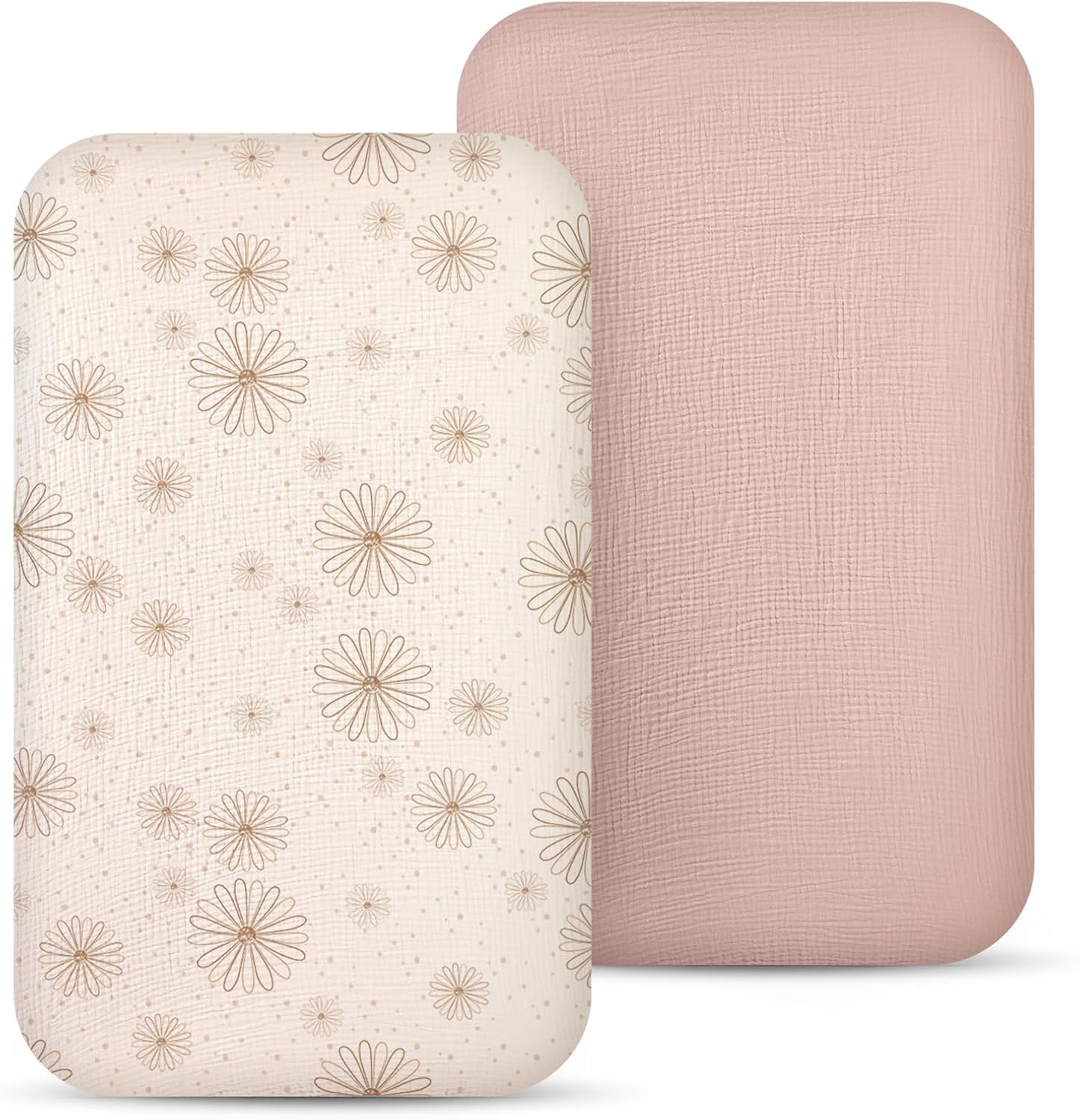 Lulumoon muslin bassinet sheets set featuring sand daisy and pink patterns