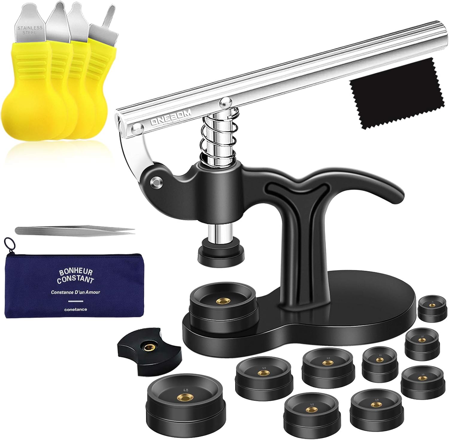 OneBom watch press tool set front view with metal base