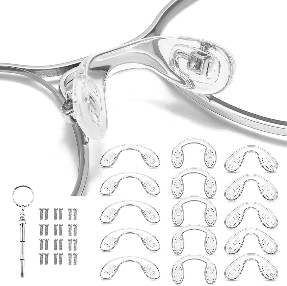 OPUGIT U shaped silicone eyeglasses nose pads kit containing replacement pieces and repair tools on a clean background.