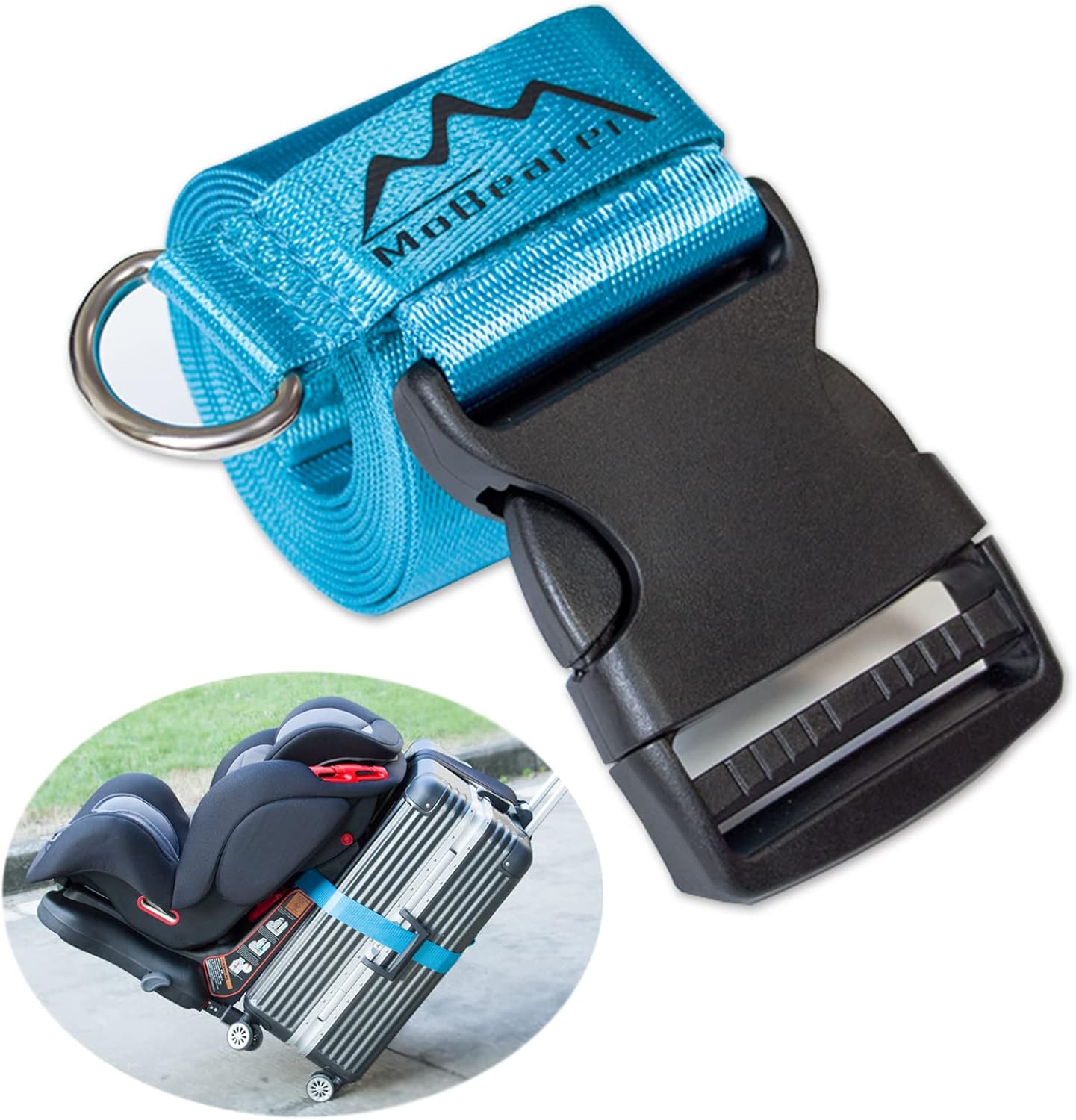 MoBearer car seat travel belt attached to rolling suitcase front view