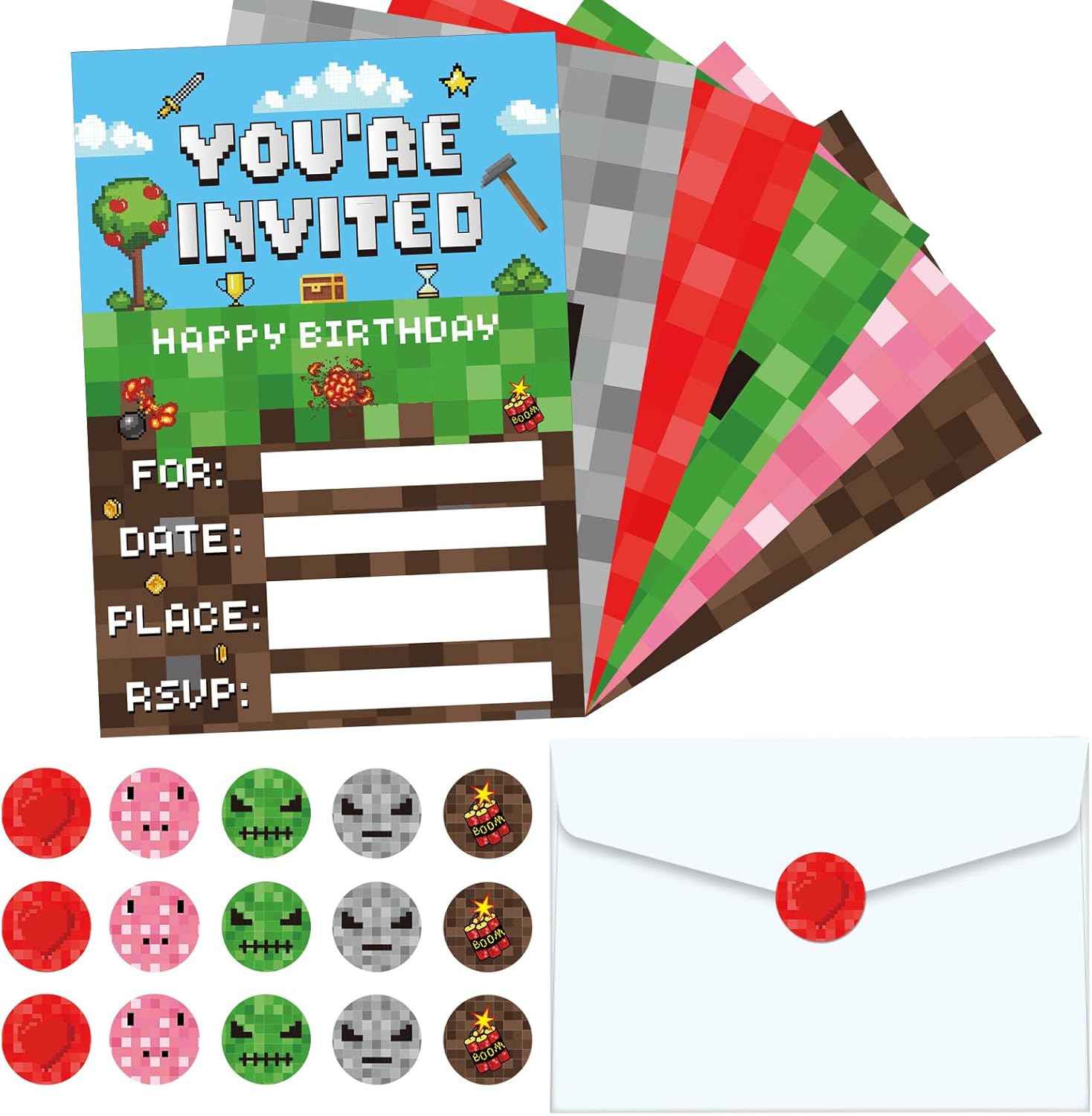 ZOIIWA pixel birthday party invitations front view showing retro video game design