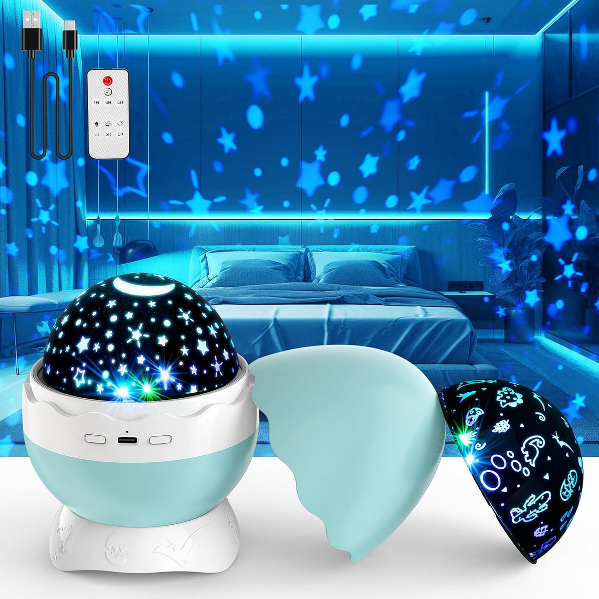 Artidoo Night Light for Kids front view of blue dinosaur egg projector