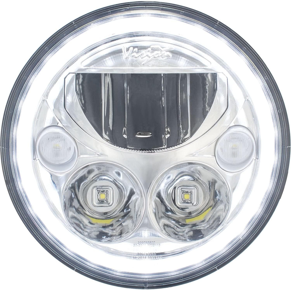 Vision X Lighting XMC-7RD motorcycle LED headlight front view featuring polished chrome face and halo ring.