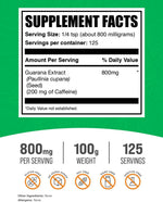 BulkSupplements Guarana Extract Powder back label showing 800mg serving size and supplement facts.