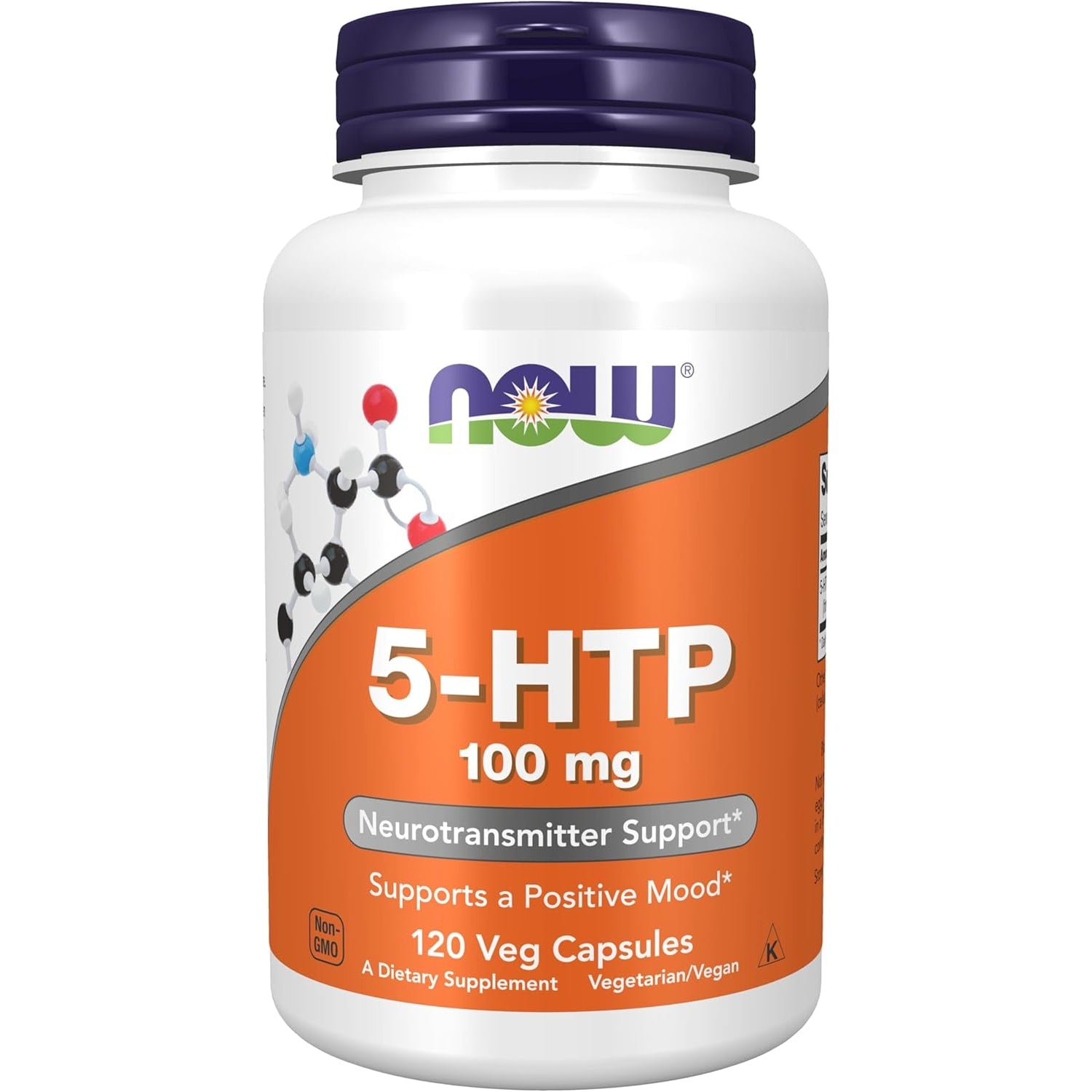 Now Foods 5-HTP 100mg 120 vegetable capsules front view for mood support.