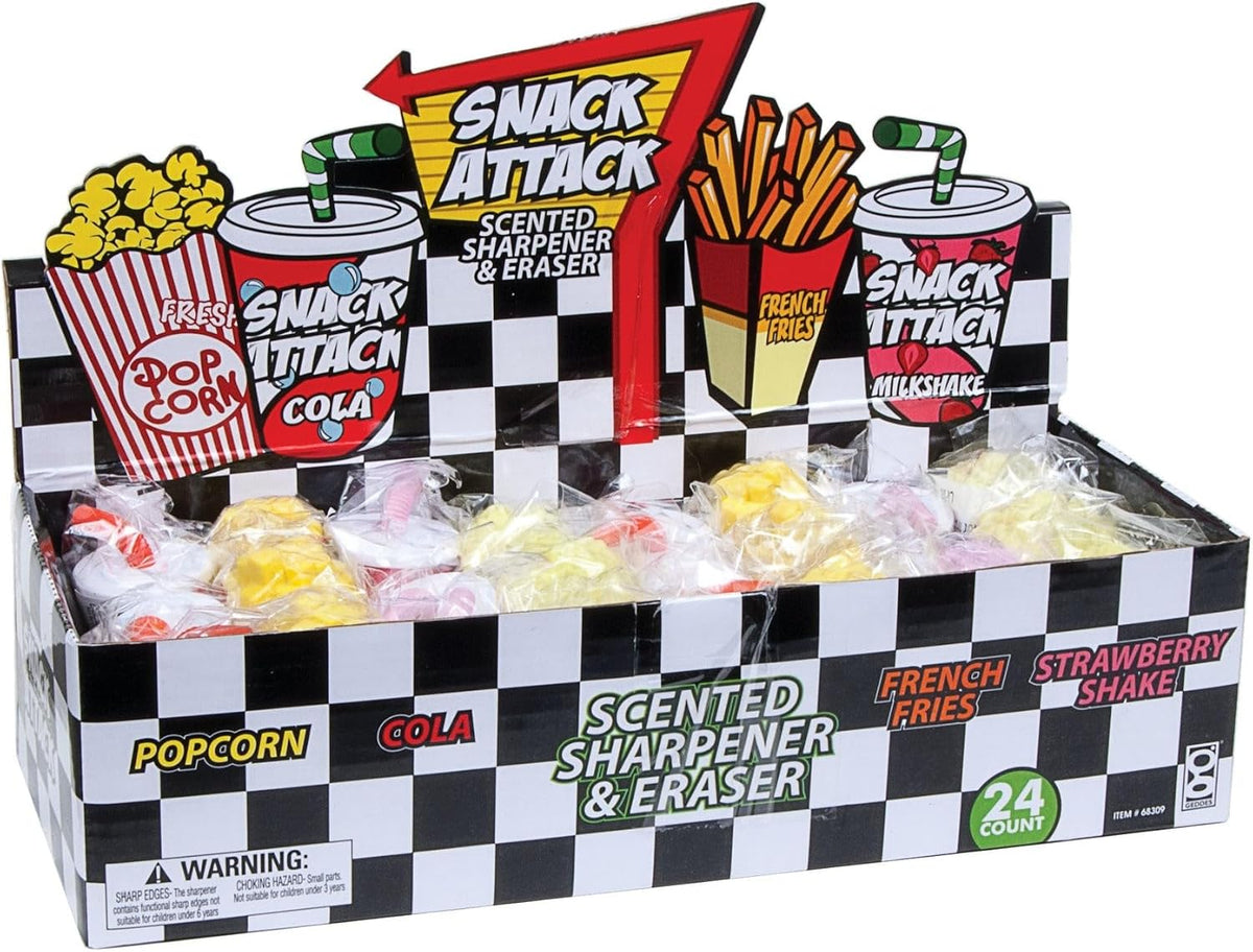 GEDDES Snack Attack scented pencil sharpener and eraser front view display box