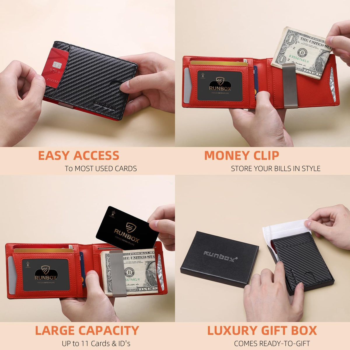 RUNBOX minimalist leather wallet card slots display