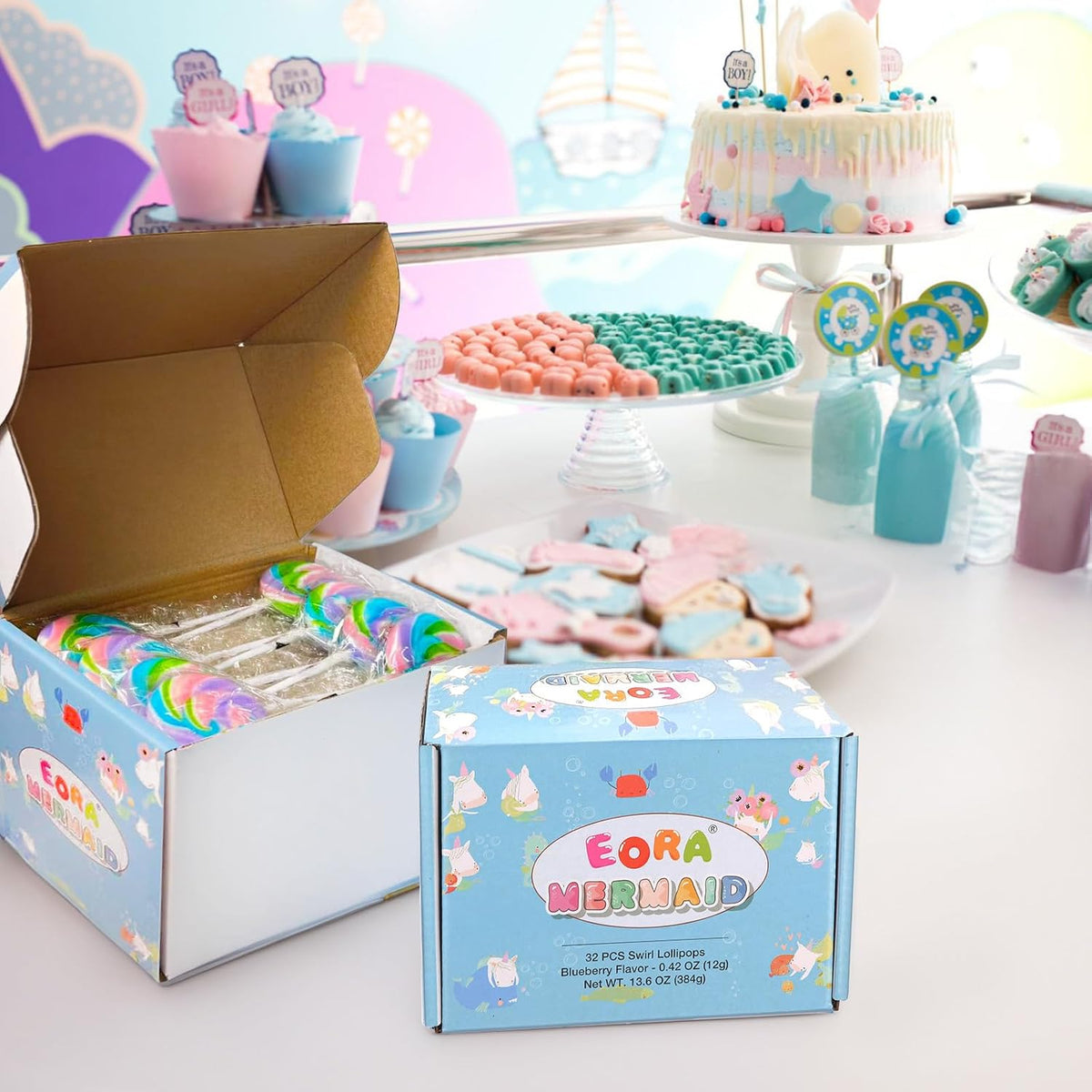 A group of Eora rainbow lollipops illustrating the mix of sixteen twist and sixteen round swirl shapes.