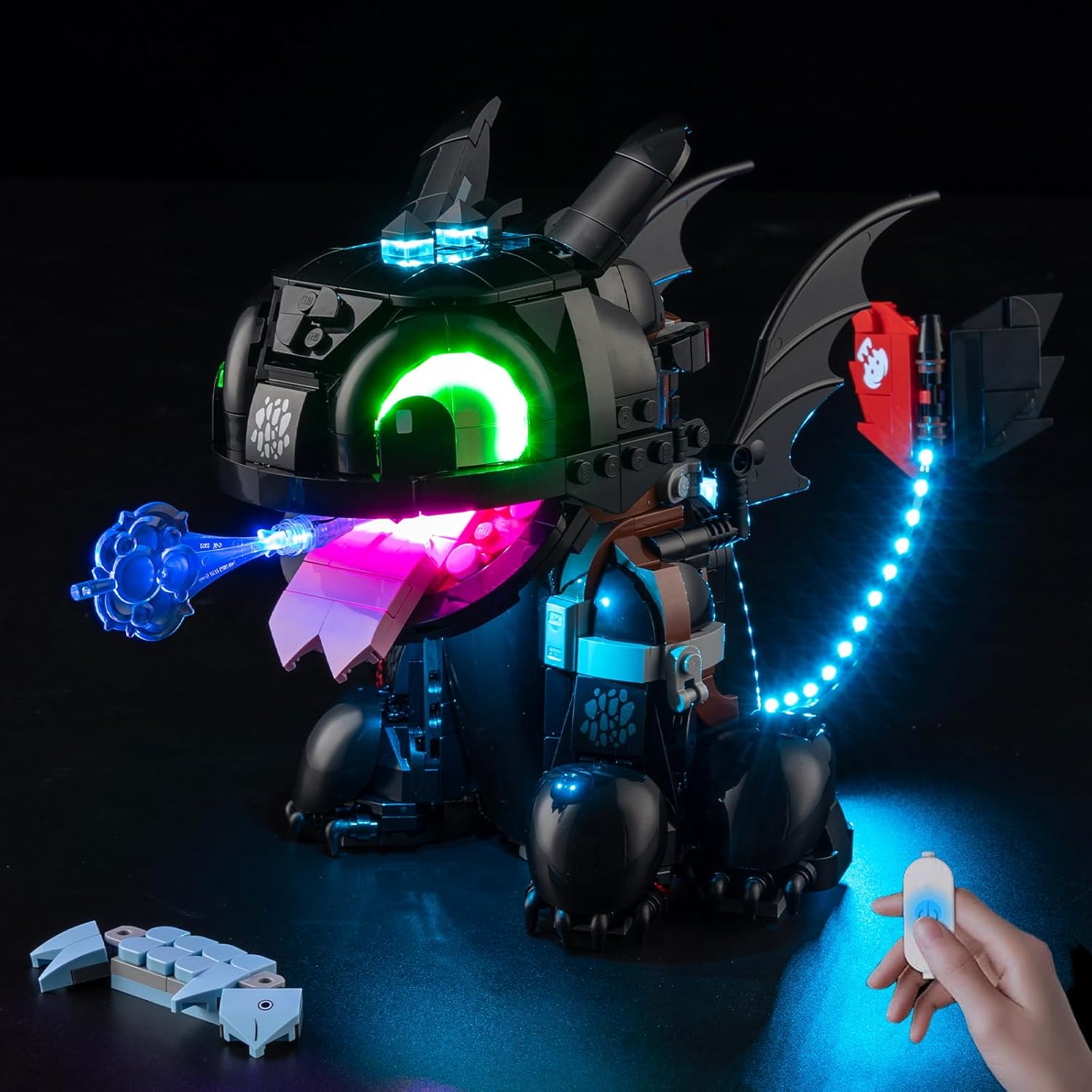 BrickSoul LED light kit installed on Lego Toothless model front view
