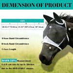 Horse wearing black fly mask for size reference