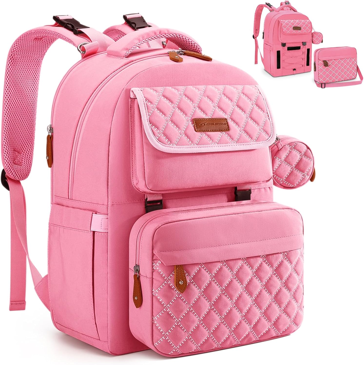 Maelstrom Large Expandable Diaper Bag Backpack front view in quilted pink styling.