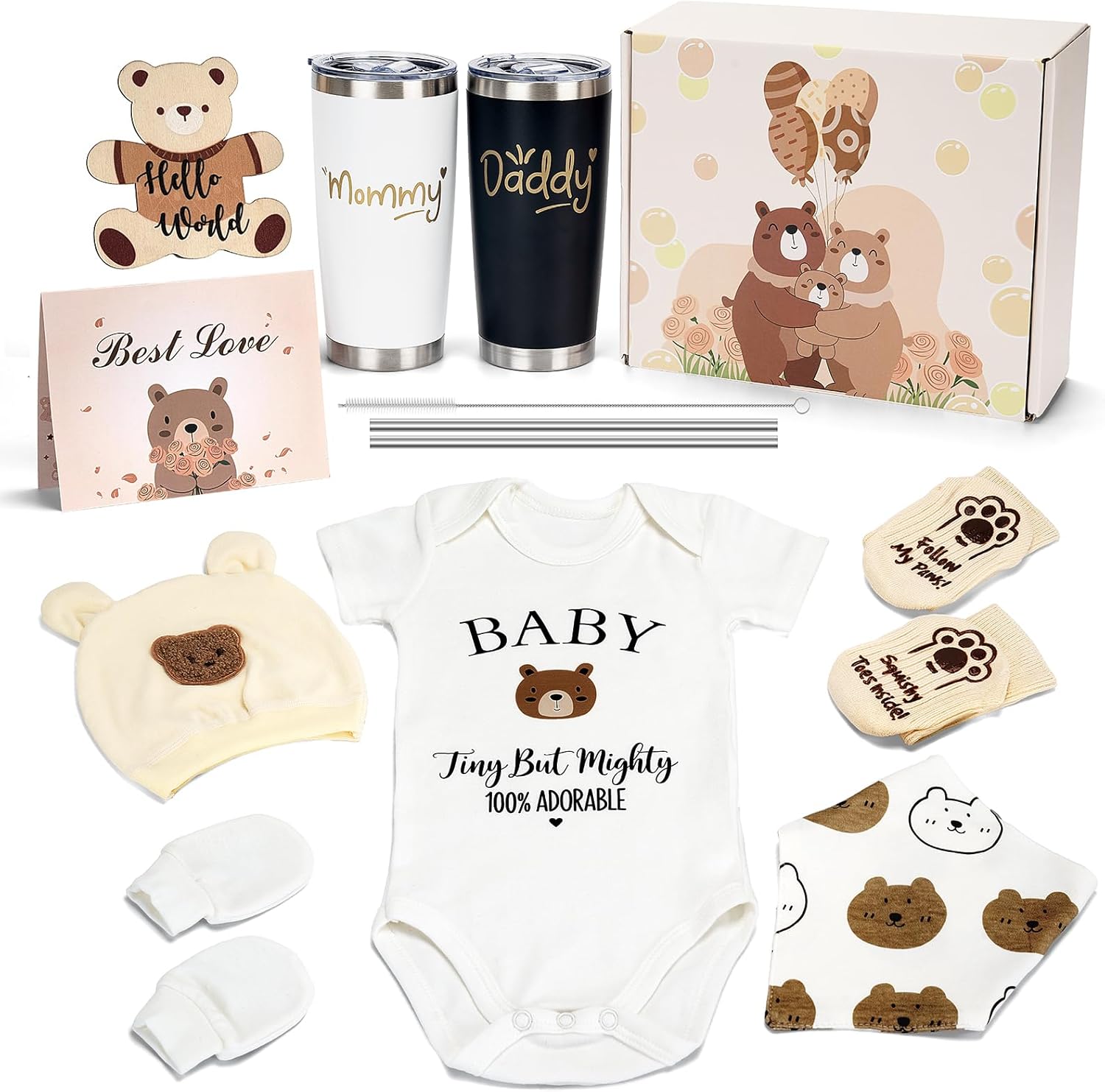 WITOROR 13 piece baby shower gift box front view featuring bear romper and insulated tumblers.