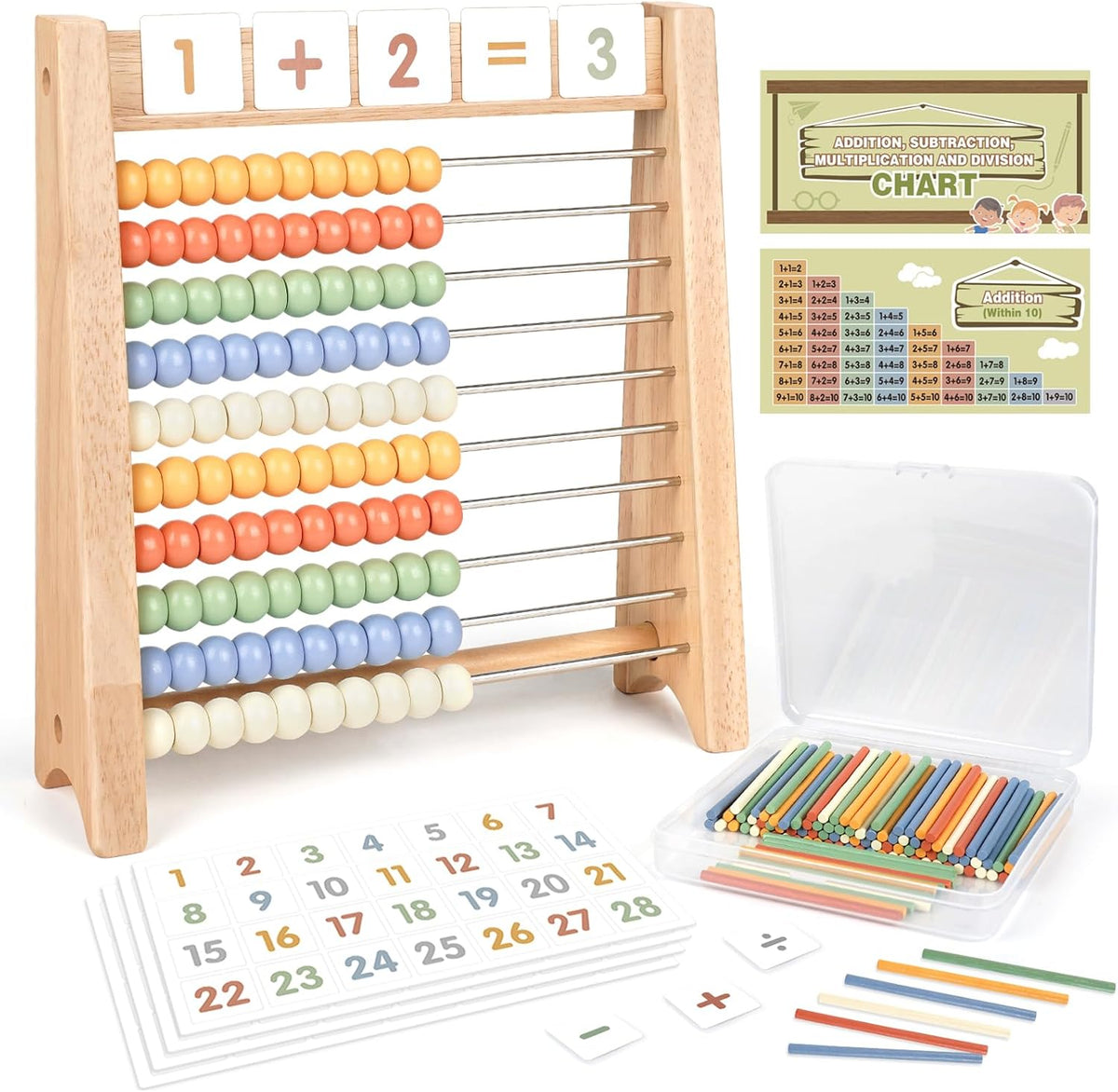 Abacus for Kids Math - Wooden Abacus with 100 Counting Sticks and 112 Math Cards, Counting Toys for Preschool Learning, Educational Math Toys for Developing Fine Motor Skills, Math Calculation - Image 1