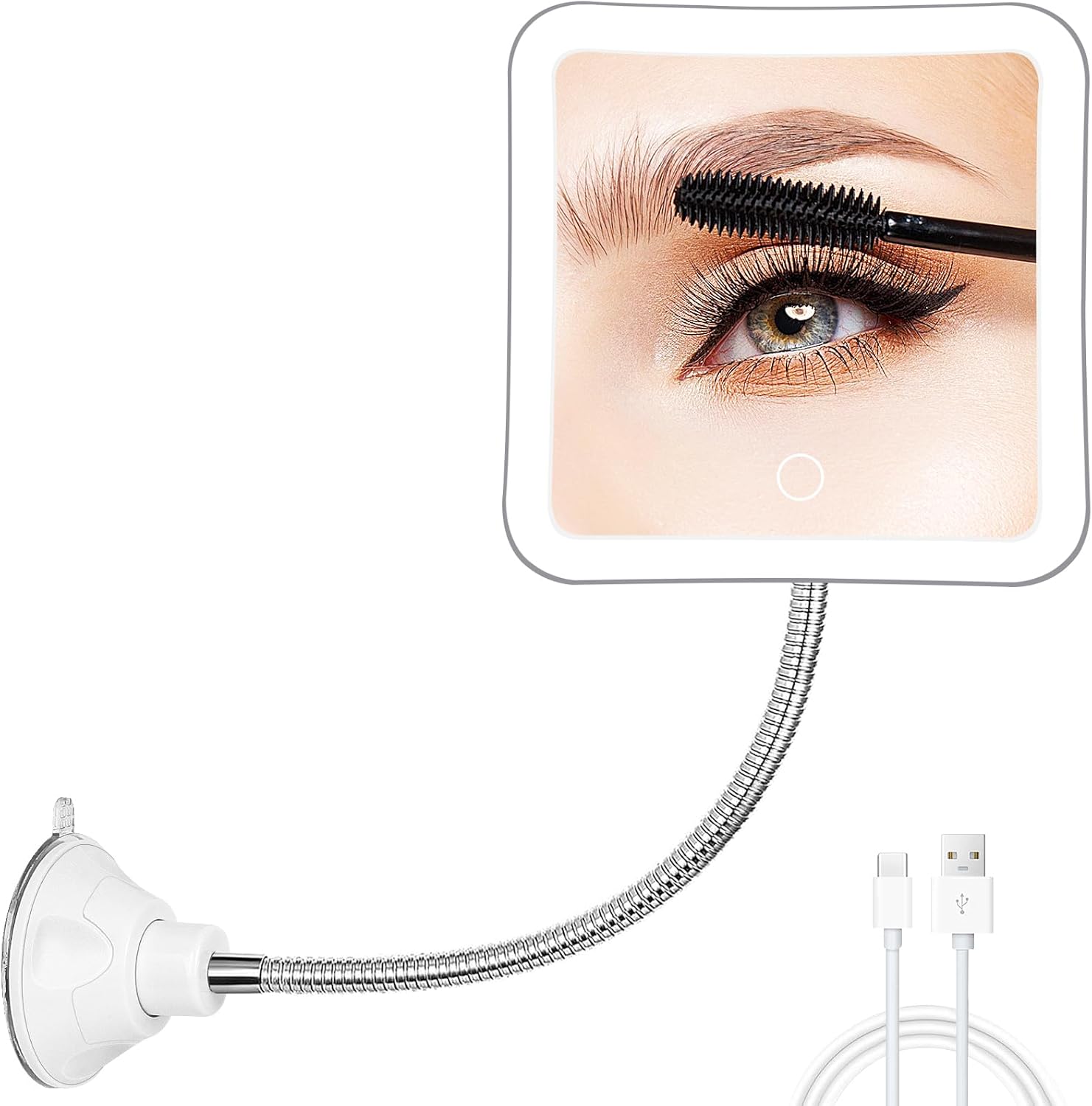 Fabuday flexible gooseneck 30X lighted magnifying mirror front view showing square LED illuminated glass