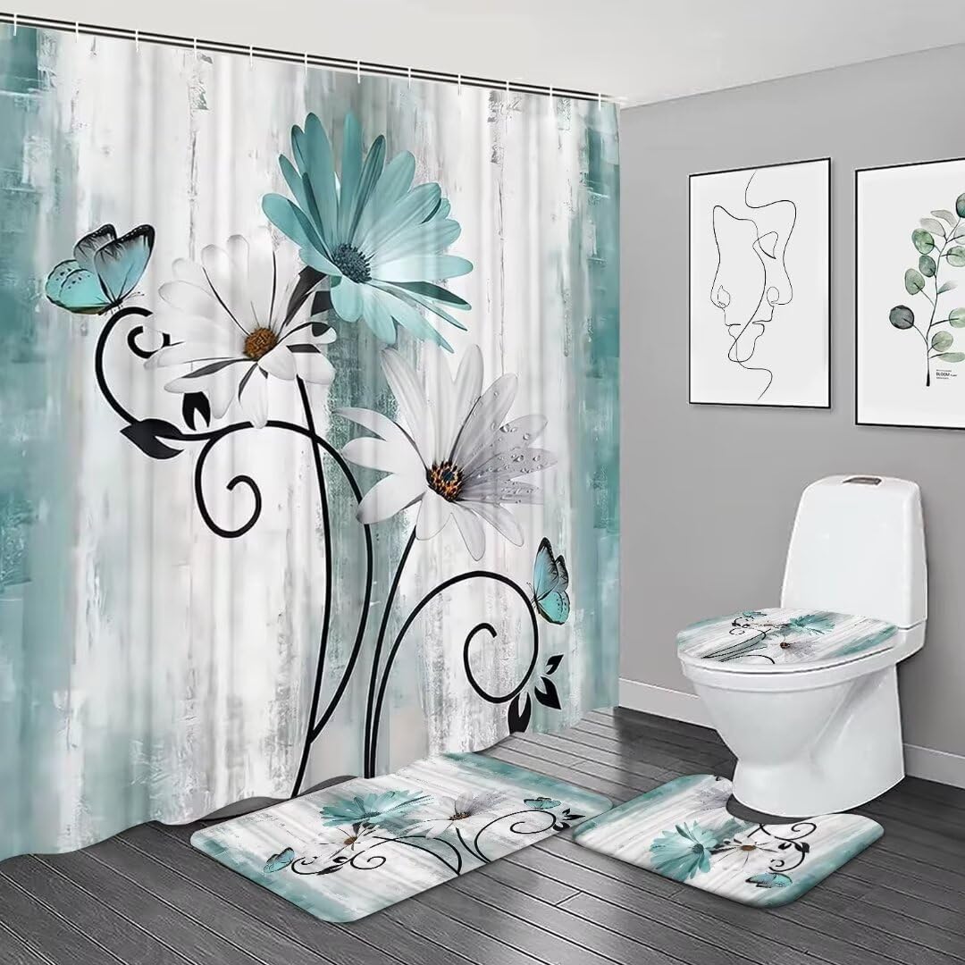 NBVKO rustic teal flower farmhouse shower curtain set front view