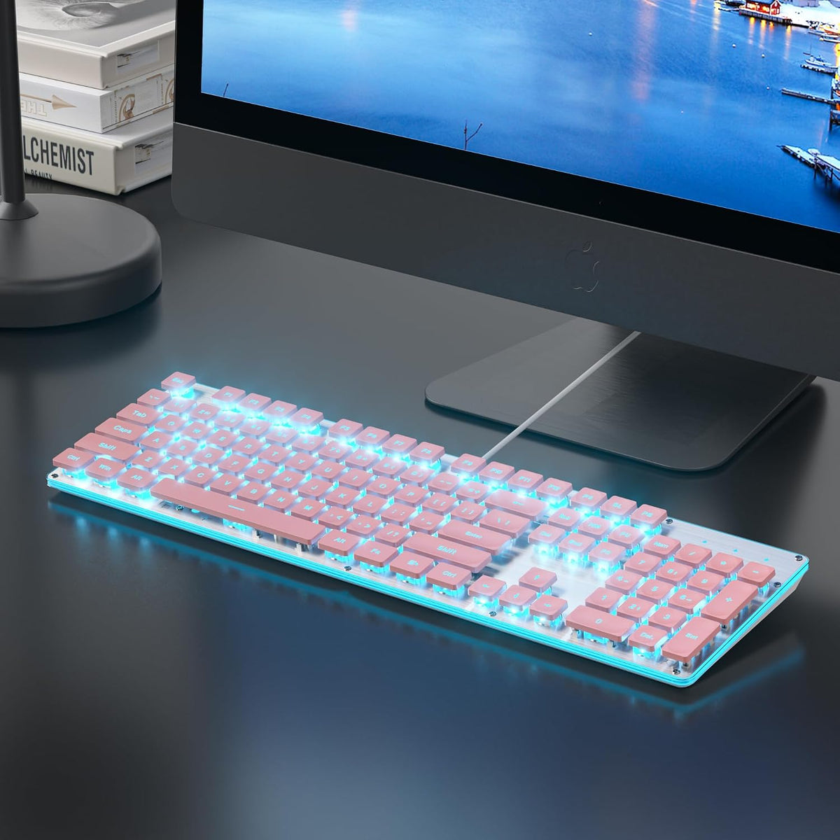 Surmen G1000 backlit keyboard illuminated with blue LED lights in dark