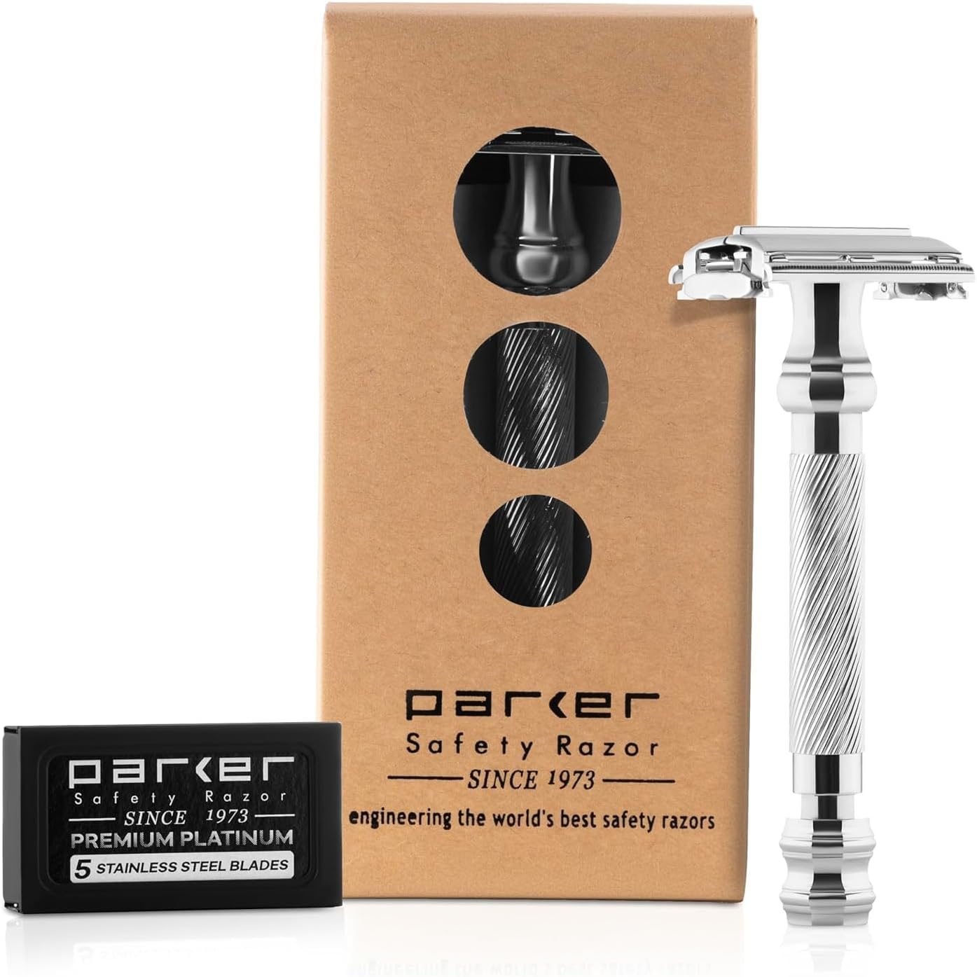 Parker 99R Chrome Heavyweight Butterfly Open Safety Razor front view showcasing the iconic knurled pattern handle.