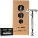 Parker 99R Chrome Heavyweight Butterfly Open Safety Razor front view showcasing the iconic knurled pattern handle.