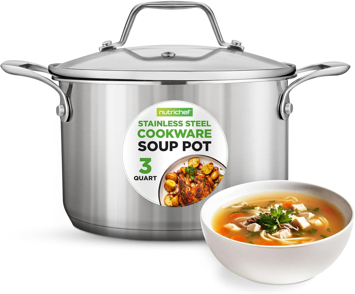 NutriChef 3-Quart Stainless Steel Soup Pot front view with glass lid
